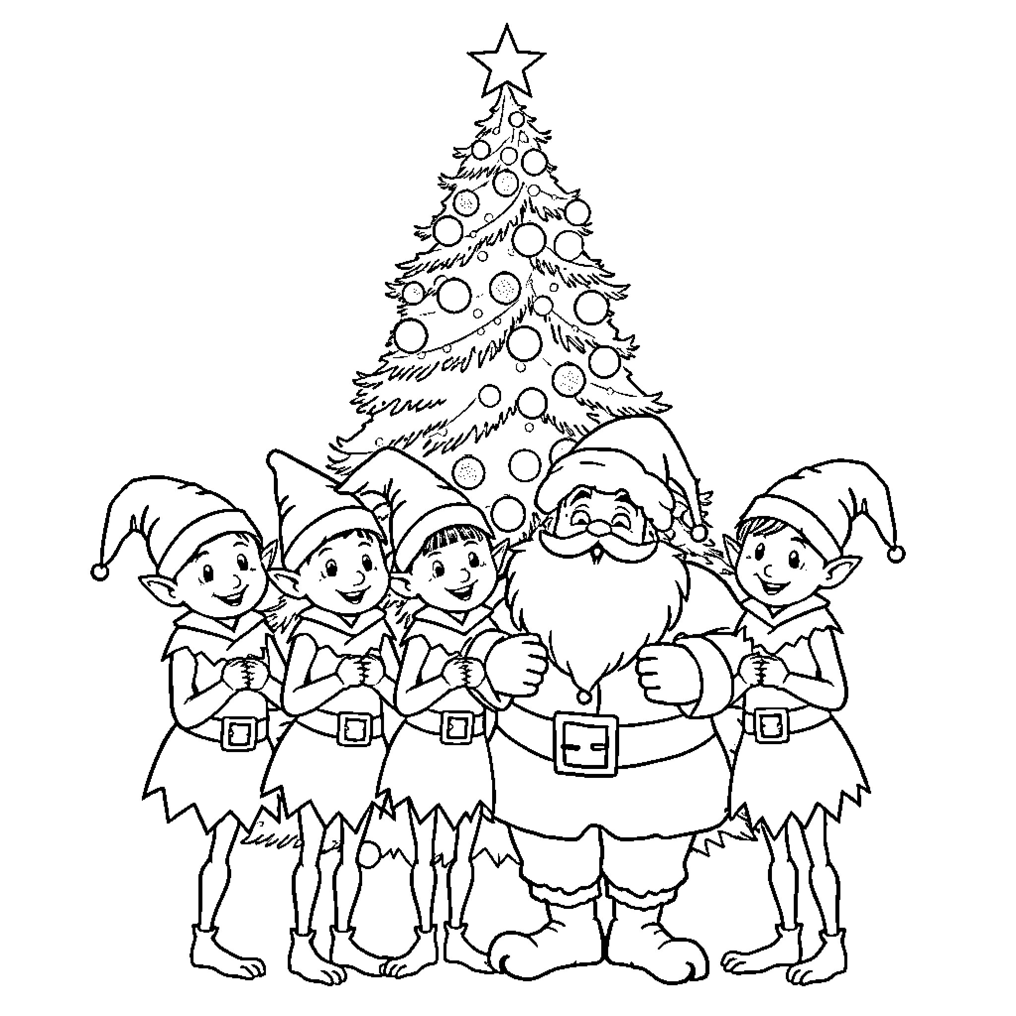 Elf helpers assisting Santa at Christmas tree Coloring Page (free black-and-white line drawing printable PDF for all, from beginners to advanced learners, including children, teens, adults, and seniors)