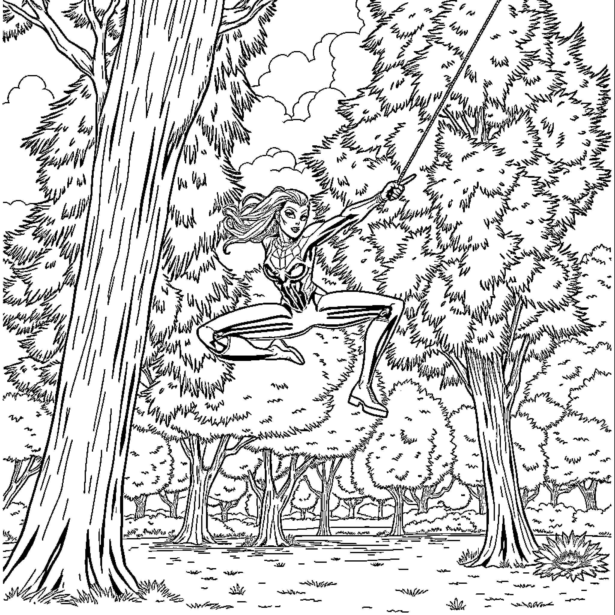 Spider Woman swinging through the enchanted forest Coloring Page (free black-and-white line drawing printable PDF for all, from beginners to advanced learners, including children, teens, adults, and seniors)