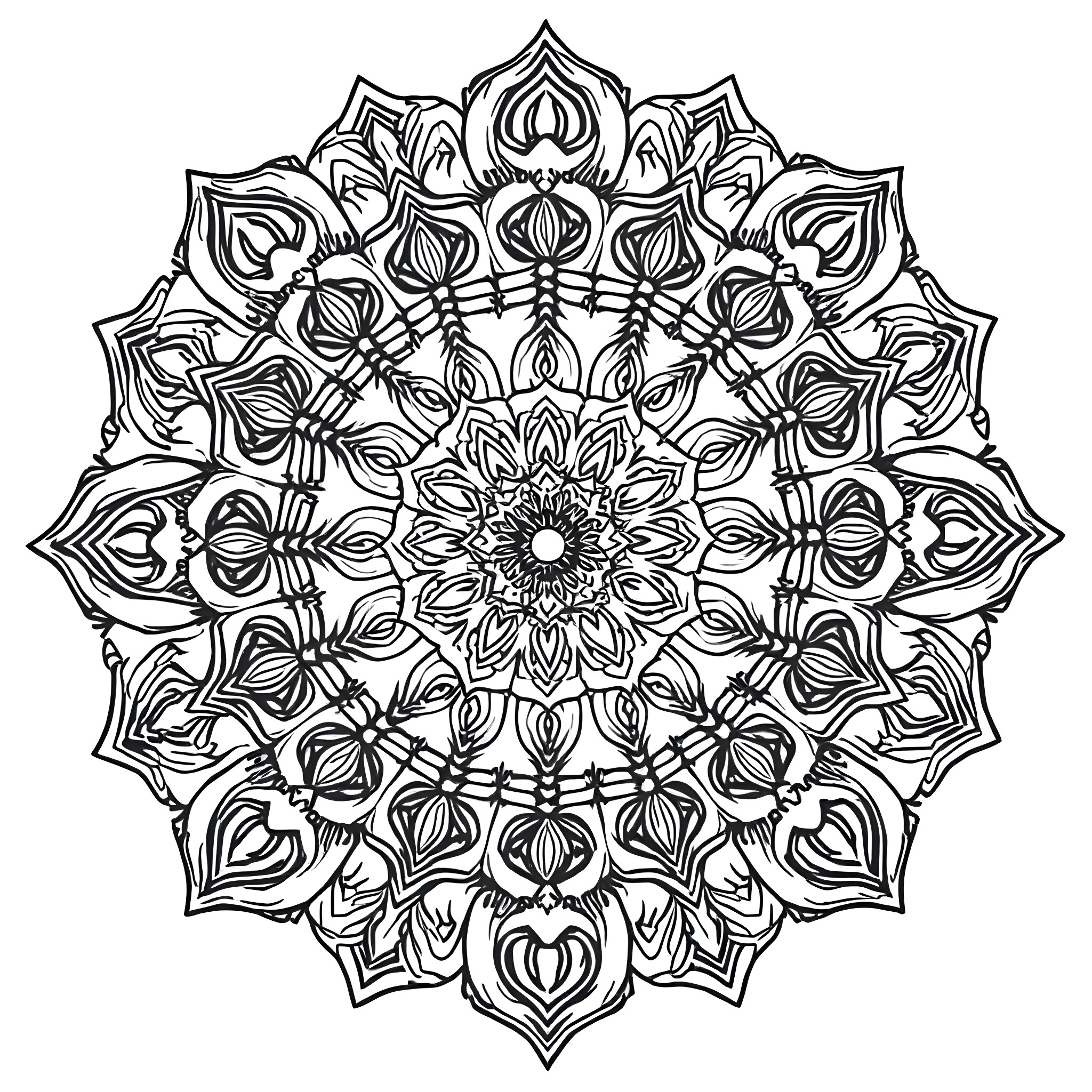 Mandala with intricate floral patterns and symmetry Coloring Page (free black-and-white line drawing printable PDF for all, from beginners to advanced learners, including children, teens, adults, and seniors)