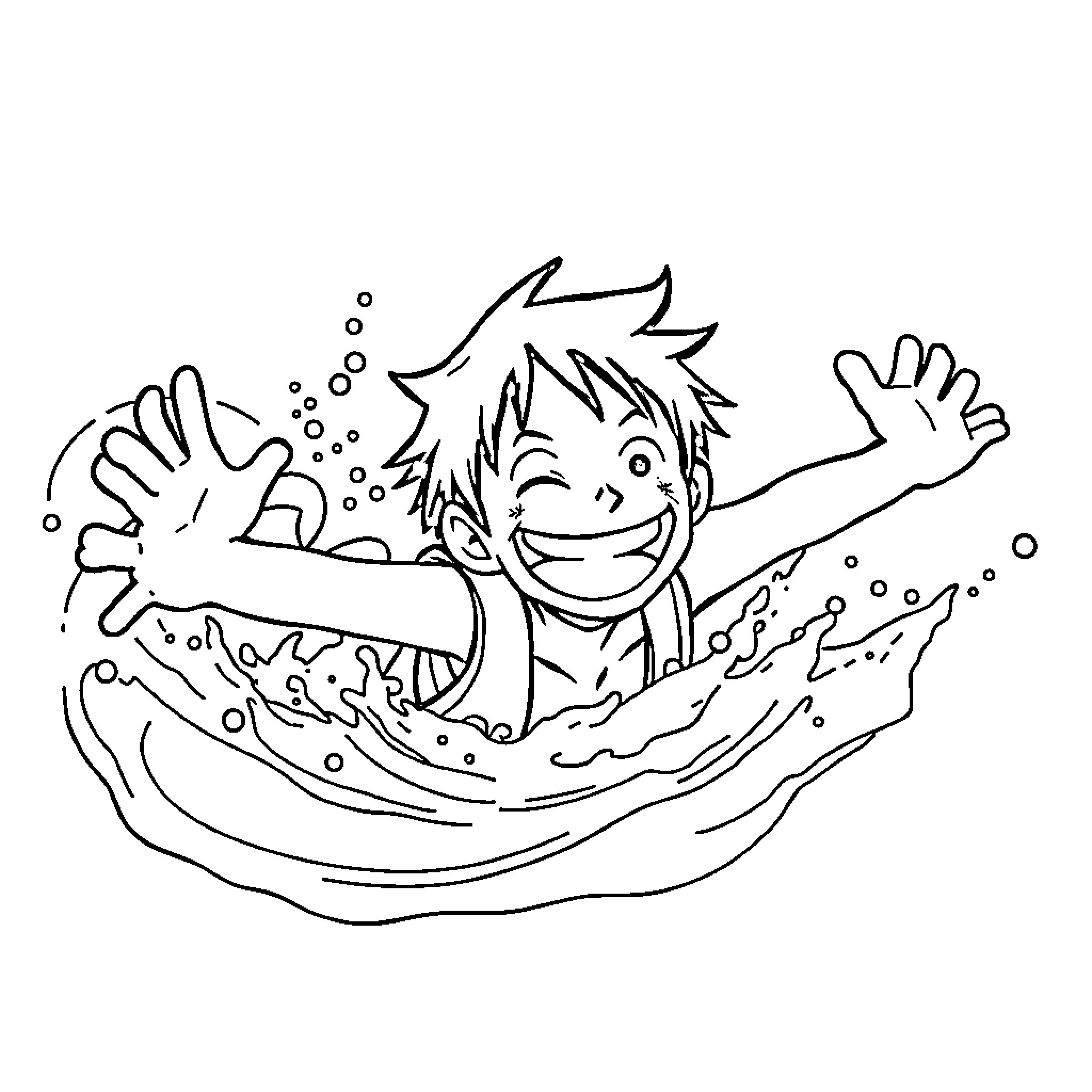 Monkey D Luffy swimming with enthusiasm Coloring Page (free black-and-white line drawing printable PDF for all, from beginners to advanced learners, including children, teens, adults, and seniors)