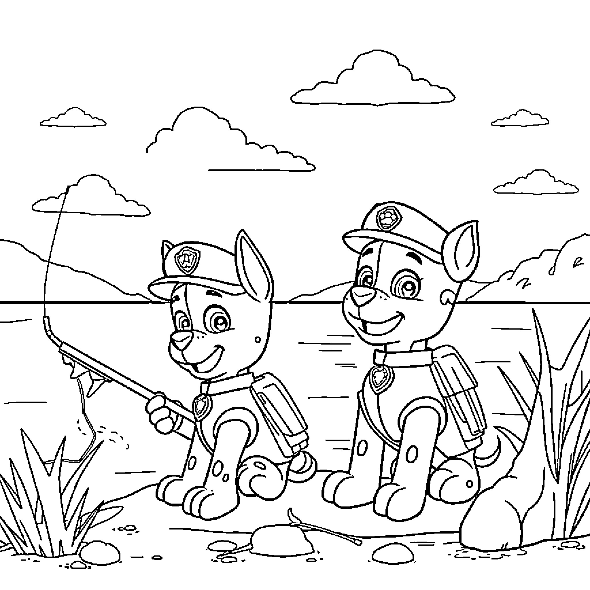 Paw Patrol pups on an outdoor adventure Coloring Page (free black-and-white line drawing printable PDF for all, from beginners to advanced learners, including children, teens, adults, and seniors)
