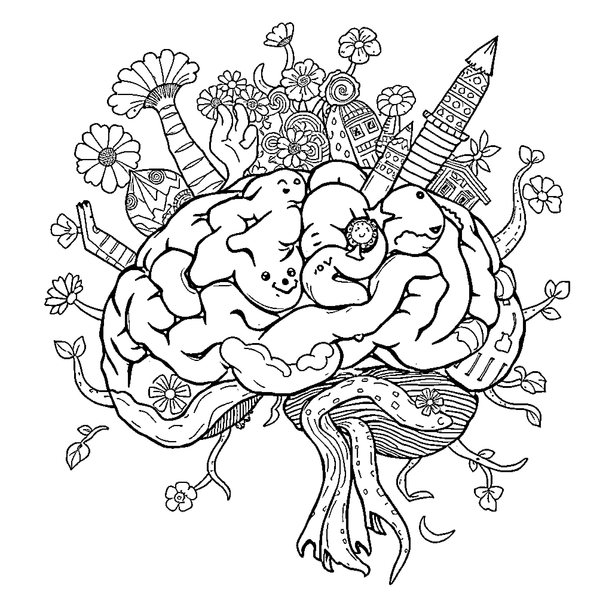 Brainrot: Whimsical Doodles of the Subconscious Coloring Page (free black-and-white line drawing printable PDF for all, from beginners to advanced learners, including children, teens, adults, and seniors)