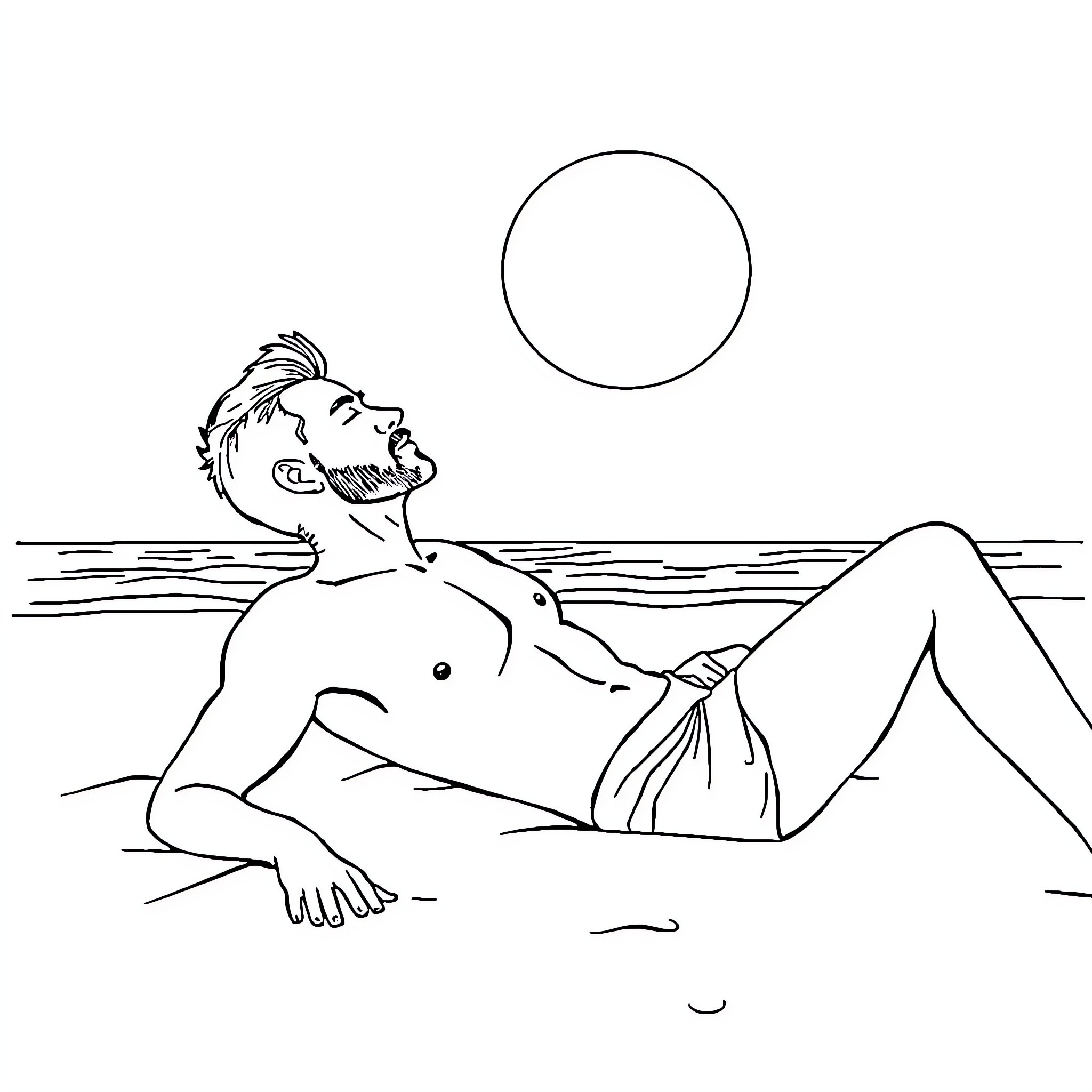 Guy relaxing on the beach under the sun Coloring Page (free black-and-white line drawing printable PDF for all, from beginners to advanced learners, including children, teens, adults, and seniors)