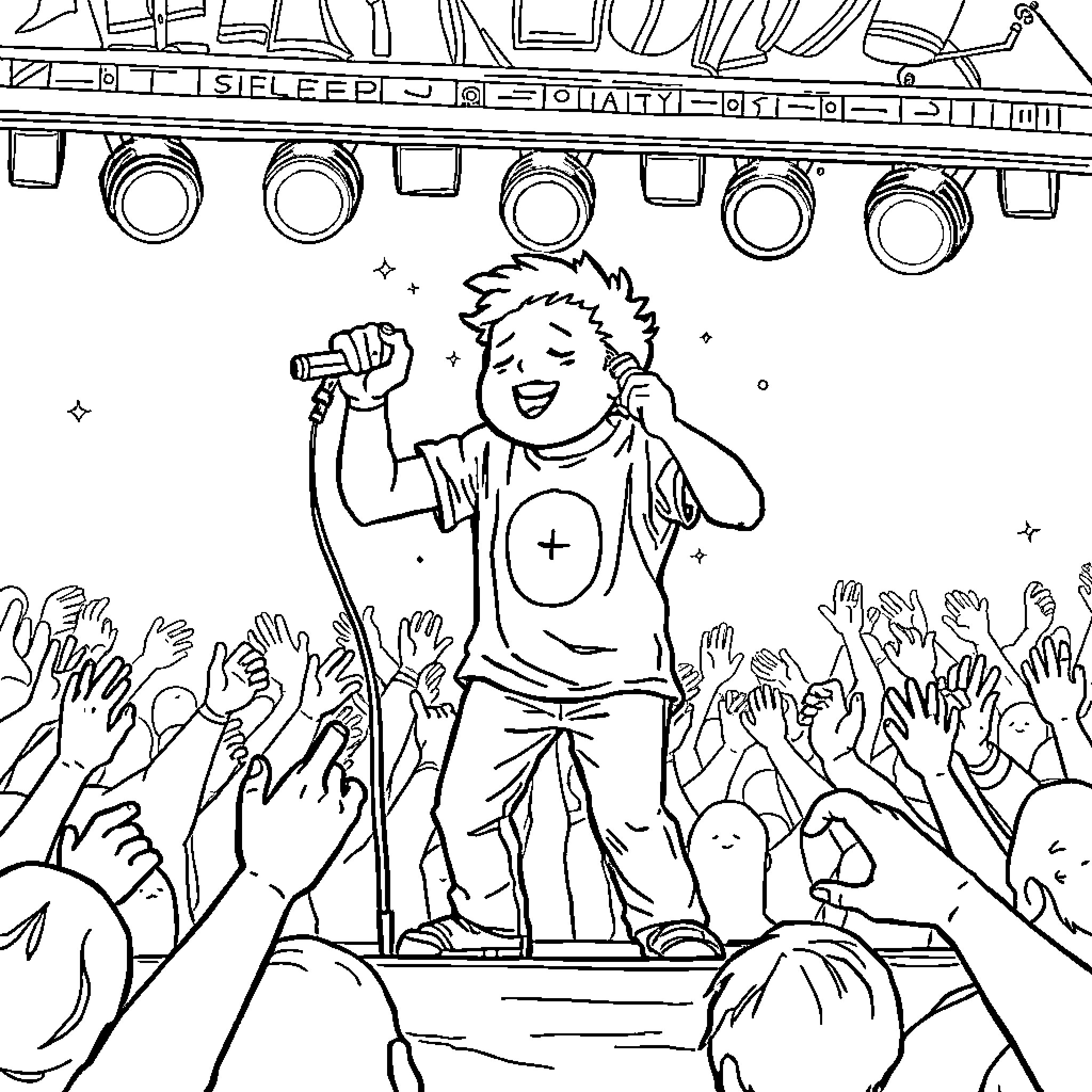 Sleep Token - Energetic Performance on Stage Coloring Page (free black-and-white line drawing printable PDF for all, from beginners to advanced learners, including children, teens, adults, and seniors)