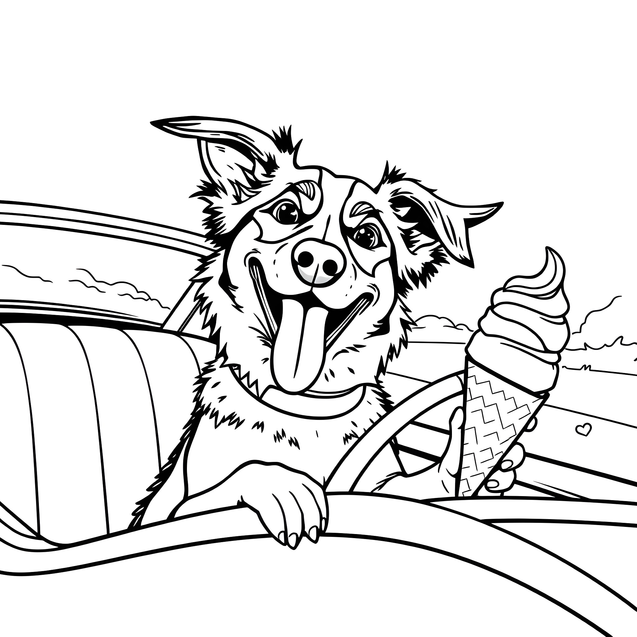 Dog enjoying ice cream on a sunny day Coloring Page (free black-and-white line drawing printable PDF for all, from beginners to advanced learners, including children, teens, adults, and seniors)