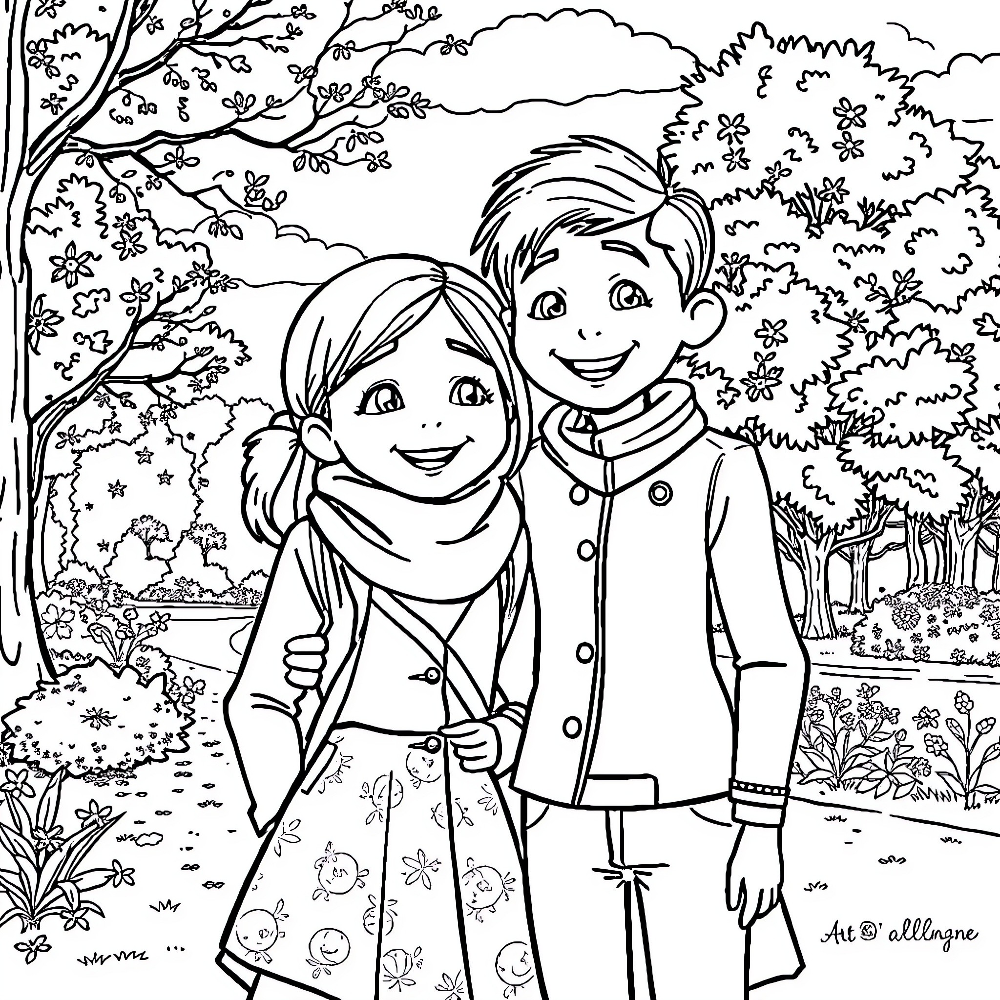 René's Outdoor Adventure with Friend Coloring Page (free black-and-white line drawing printable PDF for all, from beginners to advanced learners, including children, teens, adults, and seniors)