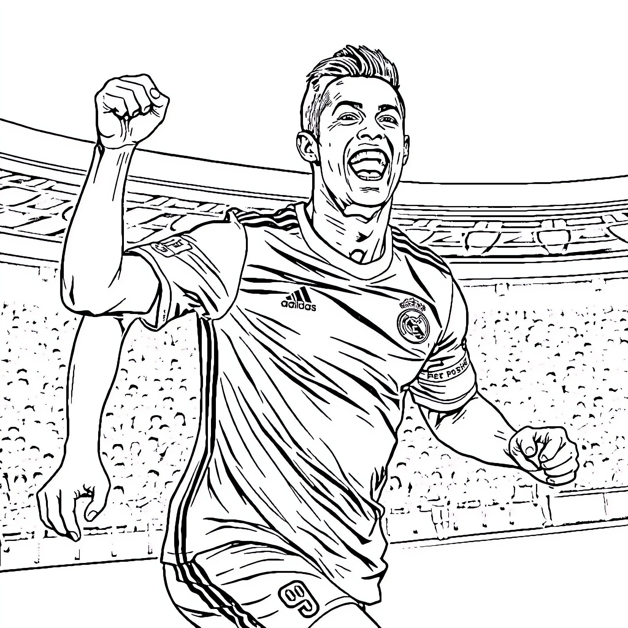 Cristiano Ronaldo celebrating goal in soccer stadium Coloring Page (free black-and-white line drawing printable PDF for all, from beginners to advanced learners, including children, teens, adults, and seniors)