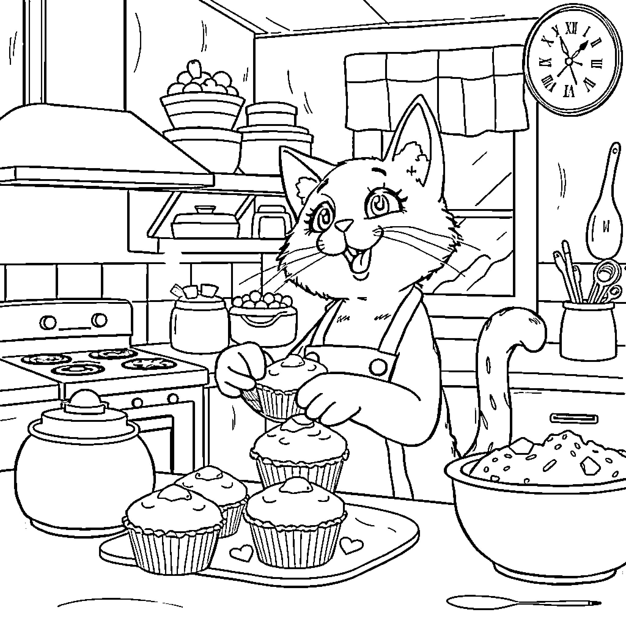 Cat baking cupcakes in the kitchen Coloring Page (free black-and-white line drawing printable PDF for all, from beginners to advanced learners, including children, teens, adults, and seniors)