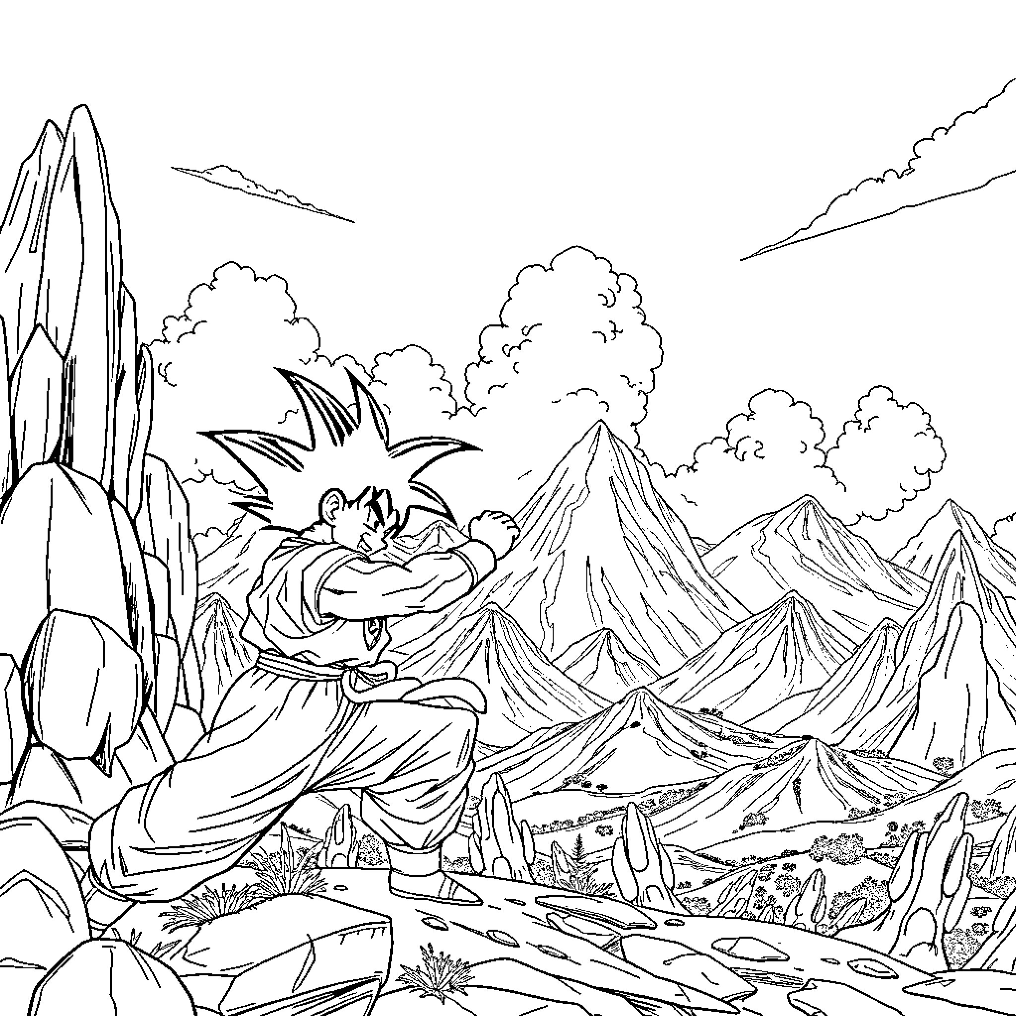 Dbz character in mountainous landscape Coloring Page (free black-and-white line drawing printable PDF for all, from beginners to advanced learners, including children, teens, adults, and seniors)