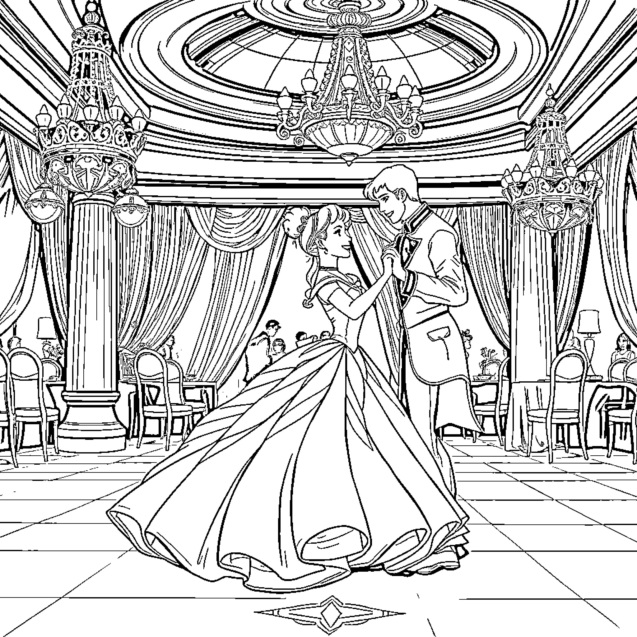 Cinderella's Royal Ball Dance with Prince Charming Coloring Page (free black-and-white line drawing printable PDF for all, from beginners to advanced learners, including children, teens, adults, and seniors)