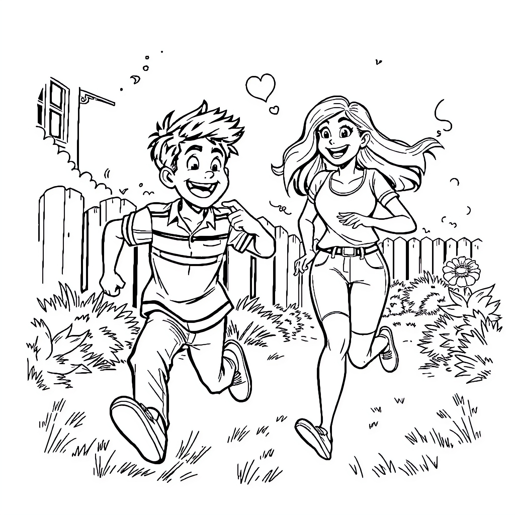 Boy and girl playing happily outdoors Coloring Page (free black-and-white line drawing printable PDF for all, from beginners to advanced learners, including children, teens, adults, and seniors)
