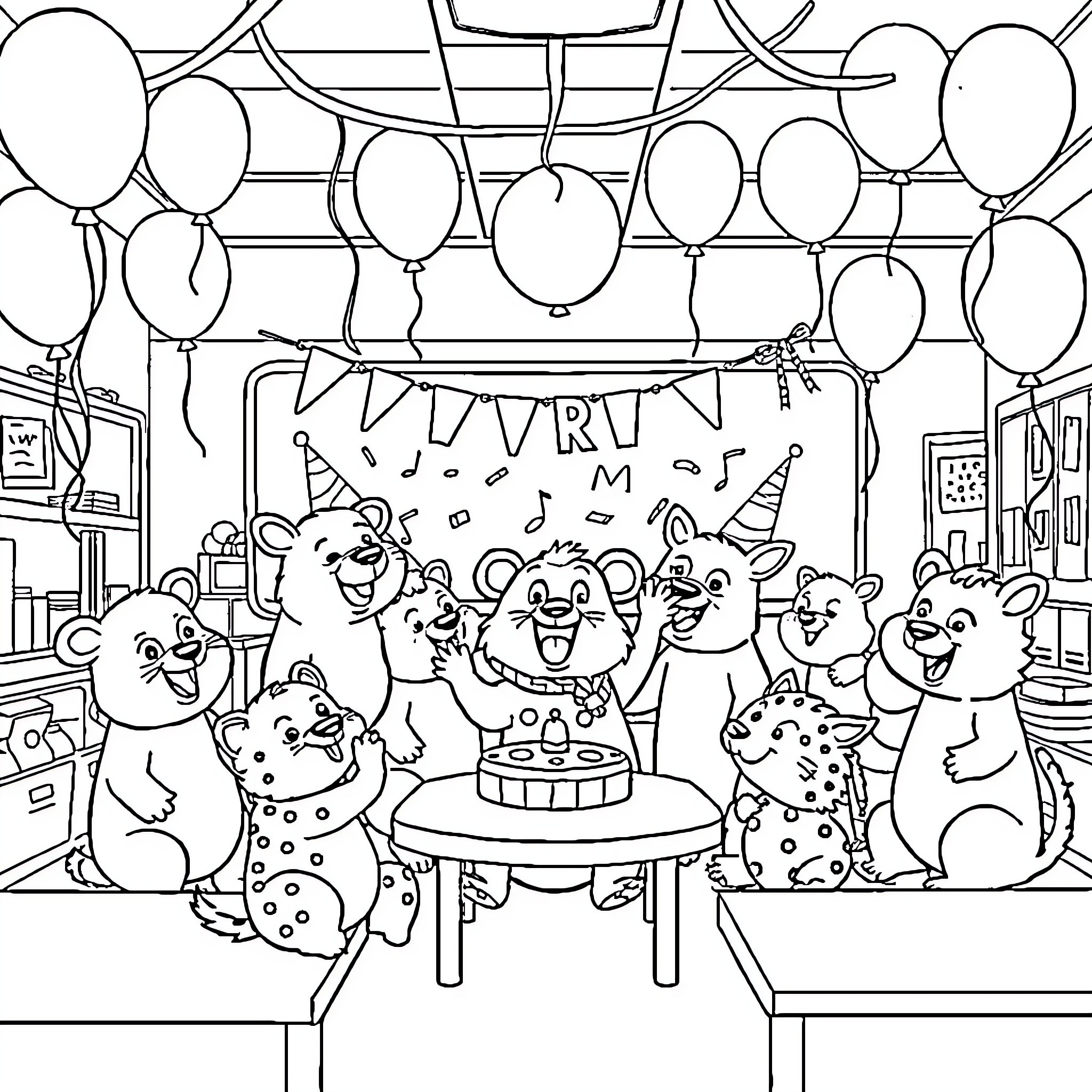 Animal Party with Balloons and Decorations Coloring Page (free black-and-white line drawing printable PDF for all, from beginners to advanced learners, including children, teens, adults, and seniors)