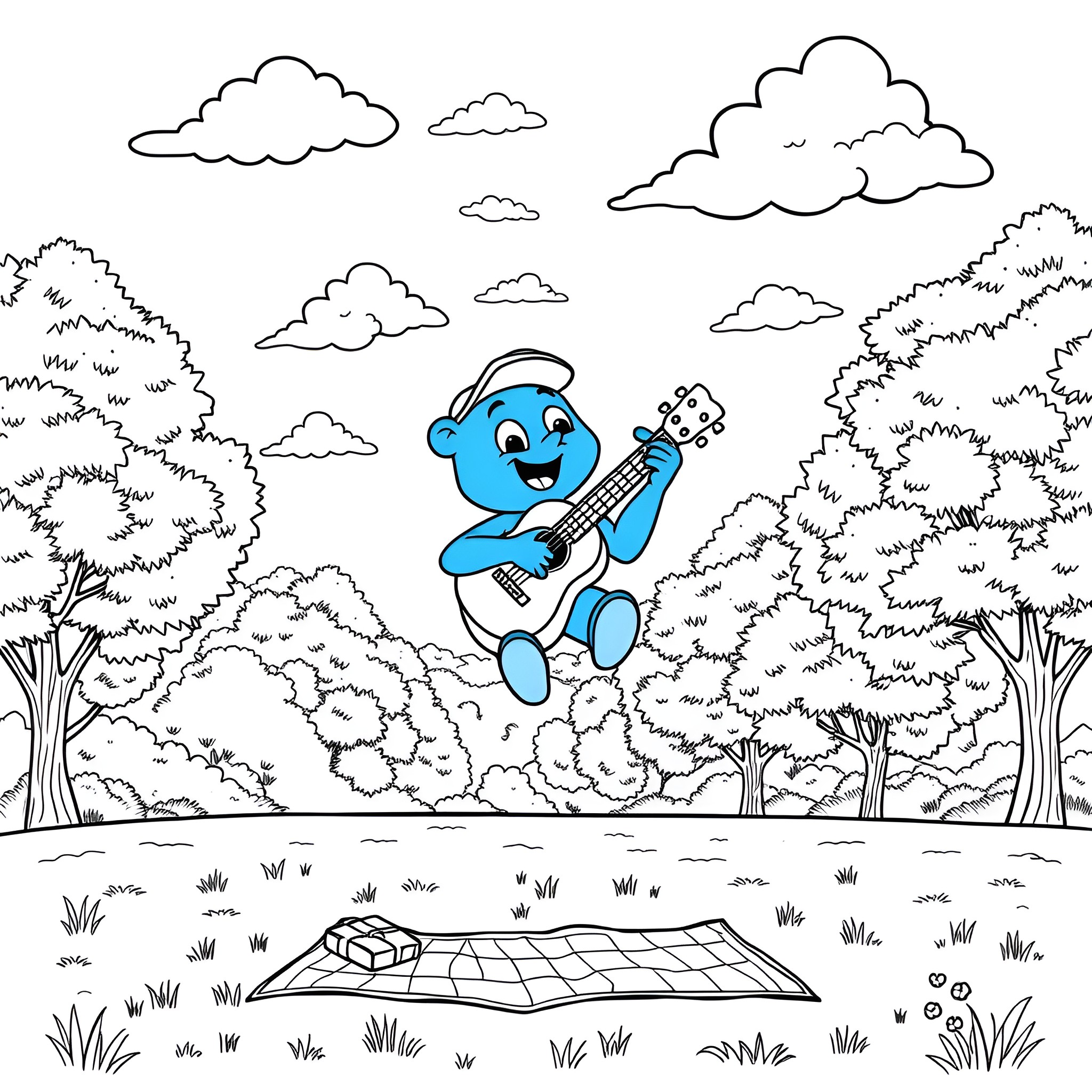 Bluey playing guitar joyfully in the forest Coloring Page (free black-and-white line drawing printable PDF for all, from beginners to advanced learners, including children, teens, adults, and seniors)