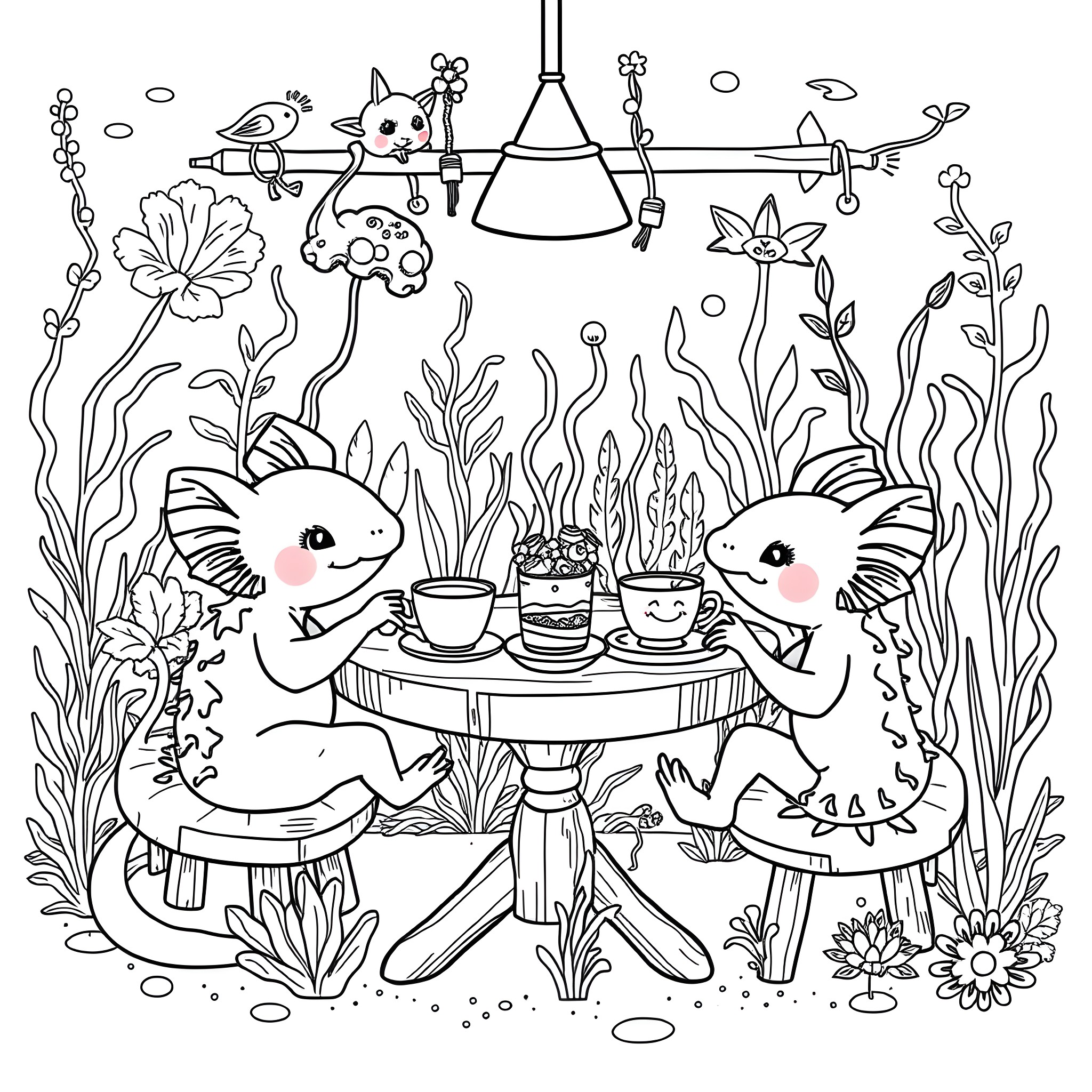 Axolotl friends enjoying tea party in the garden Coloring Page (free black-and-white line drawing printable PDF for all, from beginners to advanced learners, including children, teens, adults, and seniors)