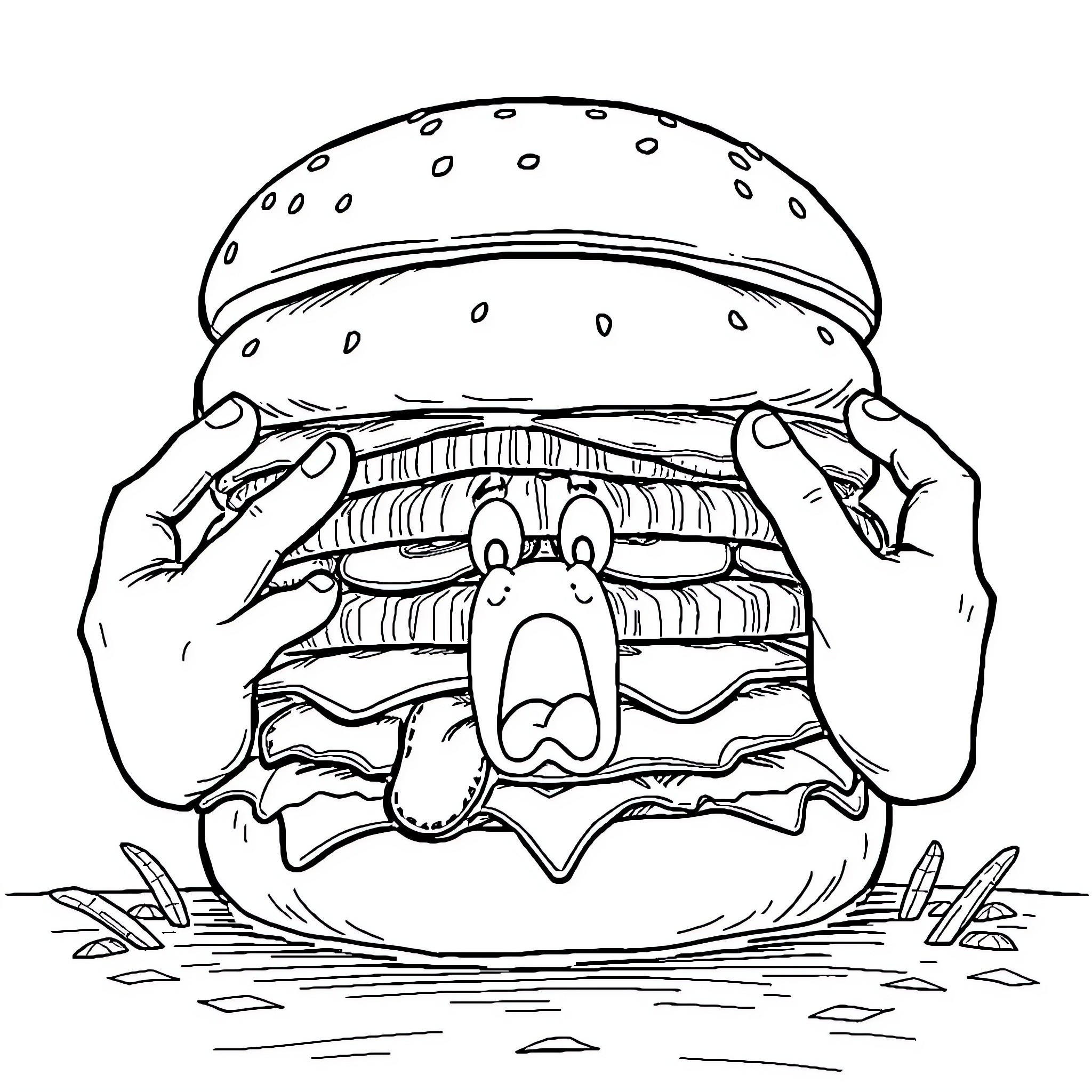 Hamburger character with surprised expression Coloring Page (free black-and-white line drawing printable PDF for all, from beginners to advanced learners, including children, teens, adults, and seniors)