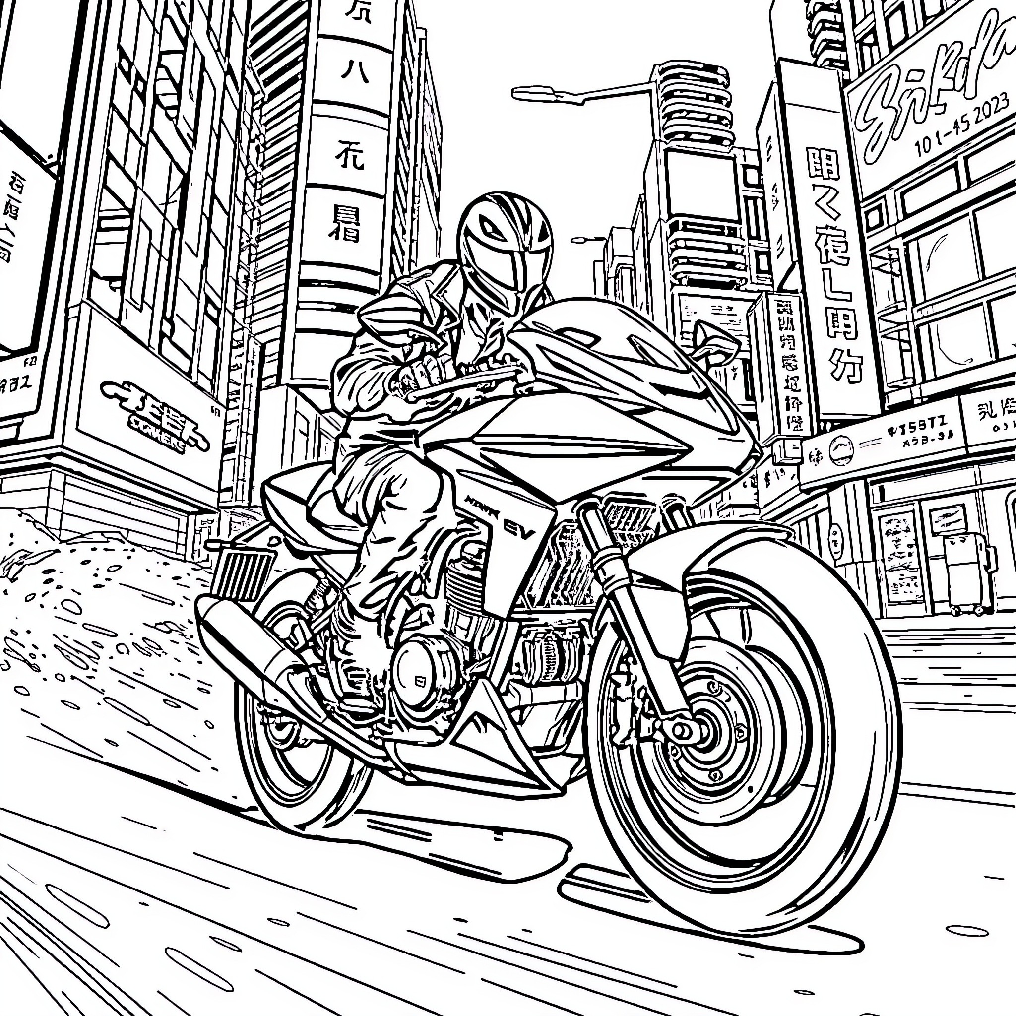 Akira's Thrilling Motorcycle Chase Through the City Coloring Page (free black-and-white line drawing printable PDF for all, from beginners to advanced learners, including children, teens, adults, and seniors)