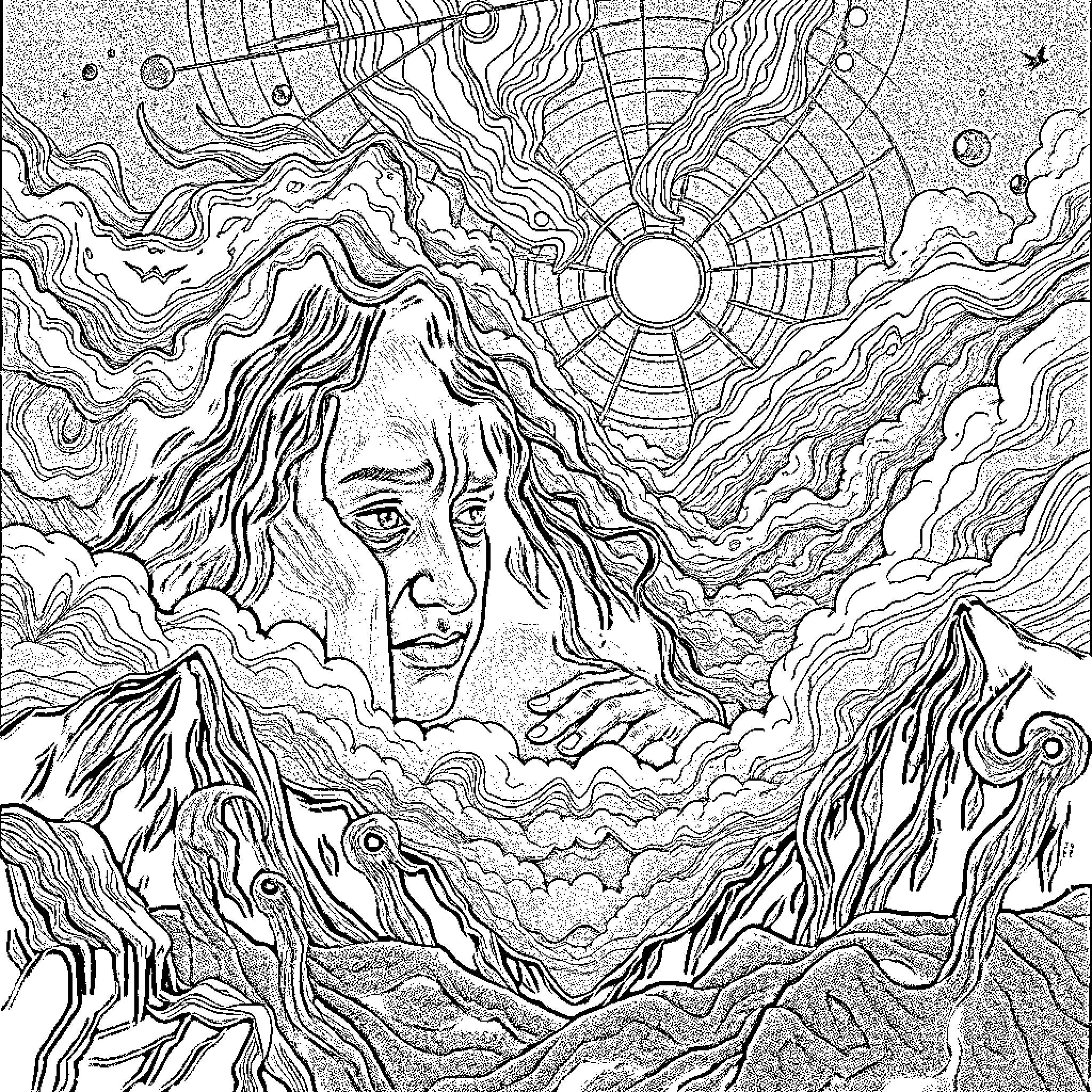 Dread in the Celestial Abyss Coloring Page (free black-and-white line drawing printable PDF for all, from beginners to advanced learners, including children, teens, adults, and seniors)