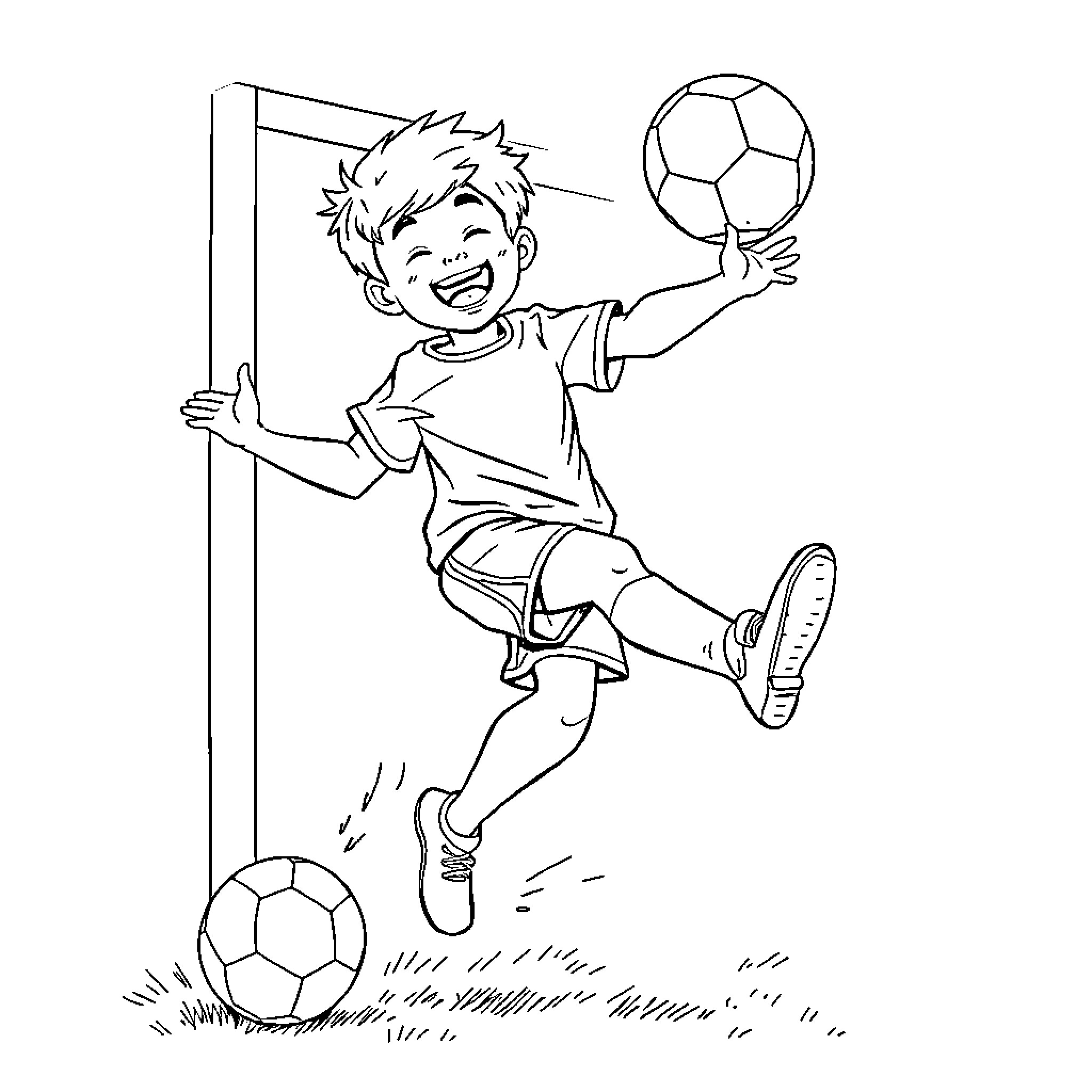 Niño enjoying soccer with enthusiasm Coloring Page (free black-and-white line drawing printable PDF for all, from beginners to advanced learners, including children, teens, adults, and seniors)