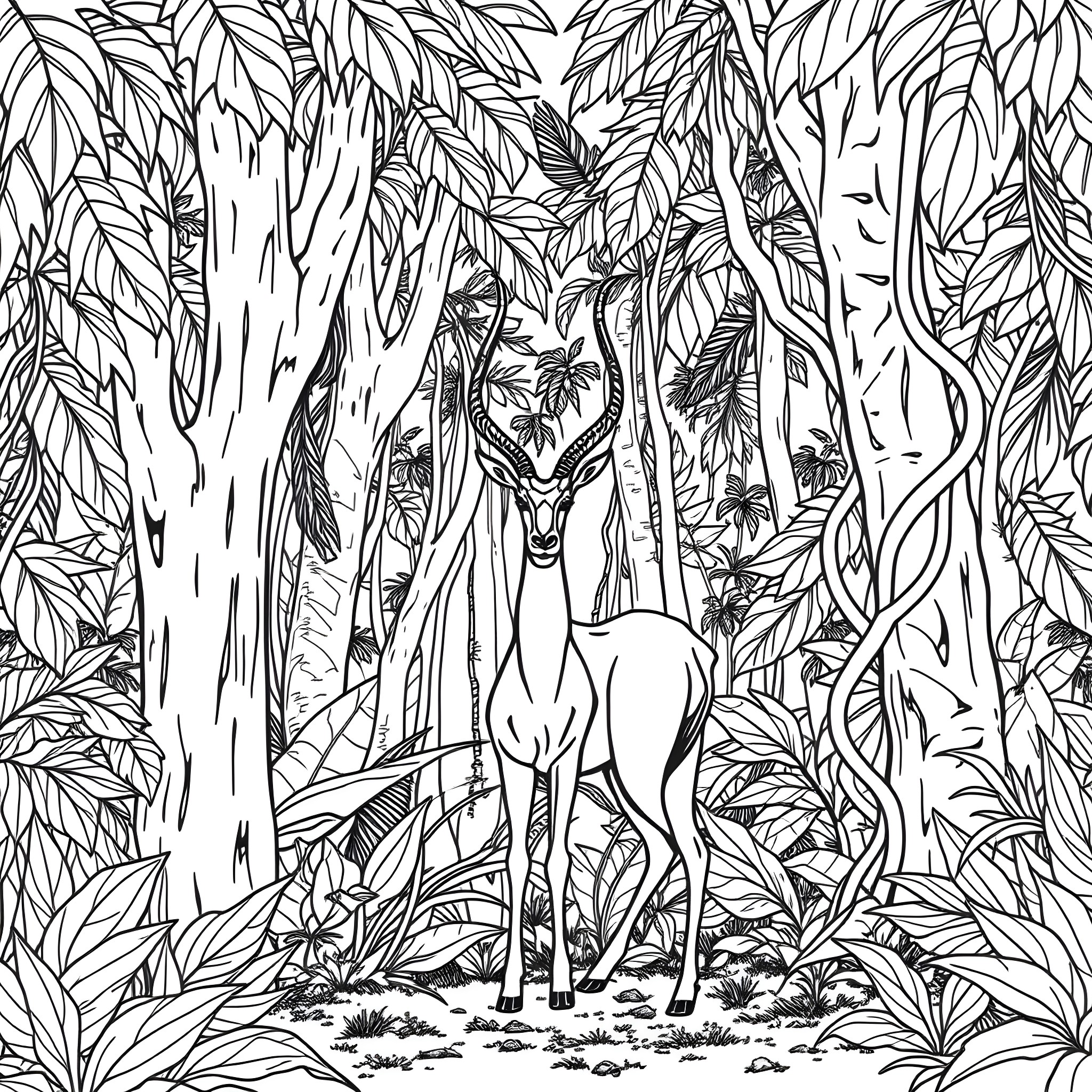 Gazelle standing in lush forest Coloring Page (free black-and-white line drawing printable PDF for all, from beginners to advanced learners, including children, teens, adults, and seniors)
