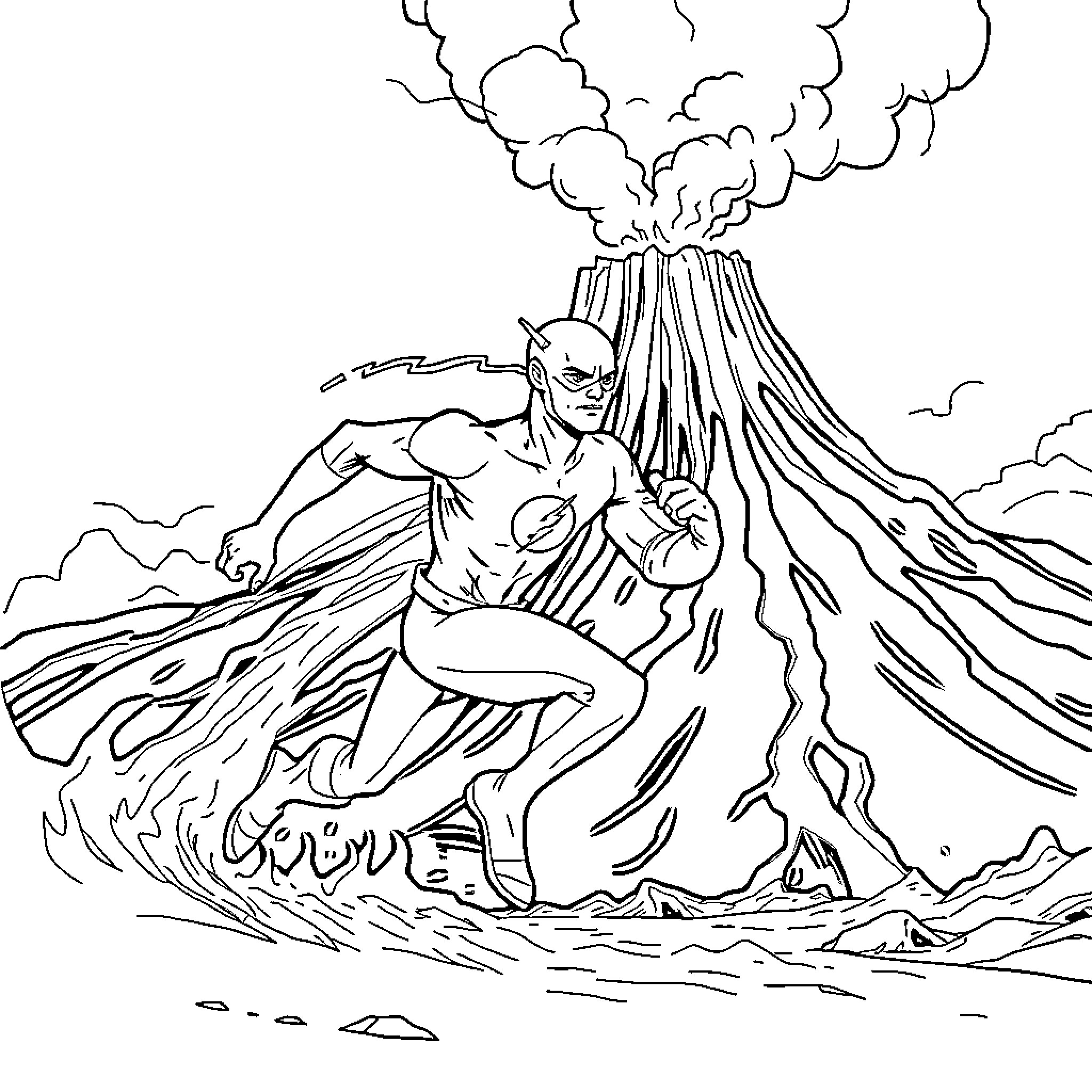 Flash Unleashing Powerful Volcanic Eruption Coloring Page (free black-and-white line drawing printable PDF for all, from beginners to advanced learners, including children, teens, adults, and seniors)