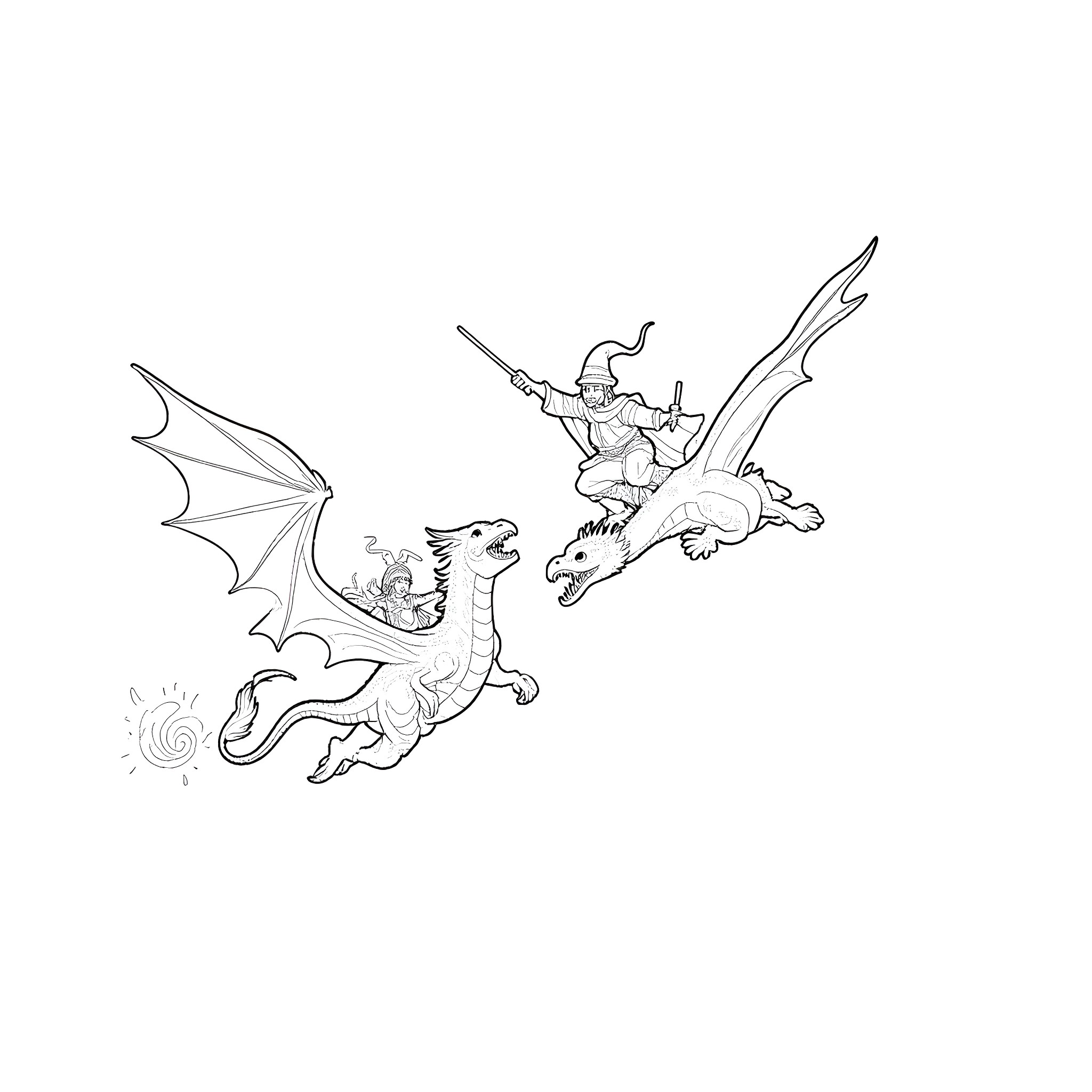 Wizard riding a dragon in battle Coloring Page (free black-and-white line drawing printable PDF for all, from beginners to advanced learners, including children, teens, adults, and seniors)