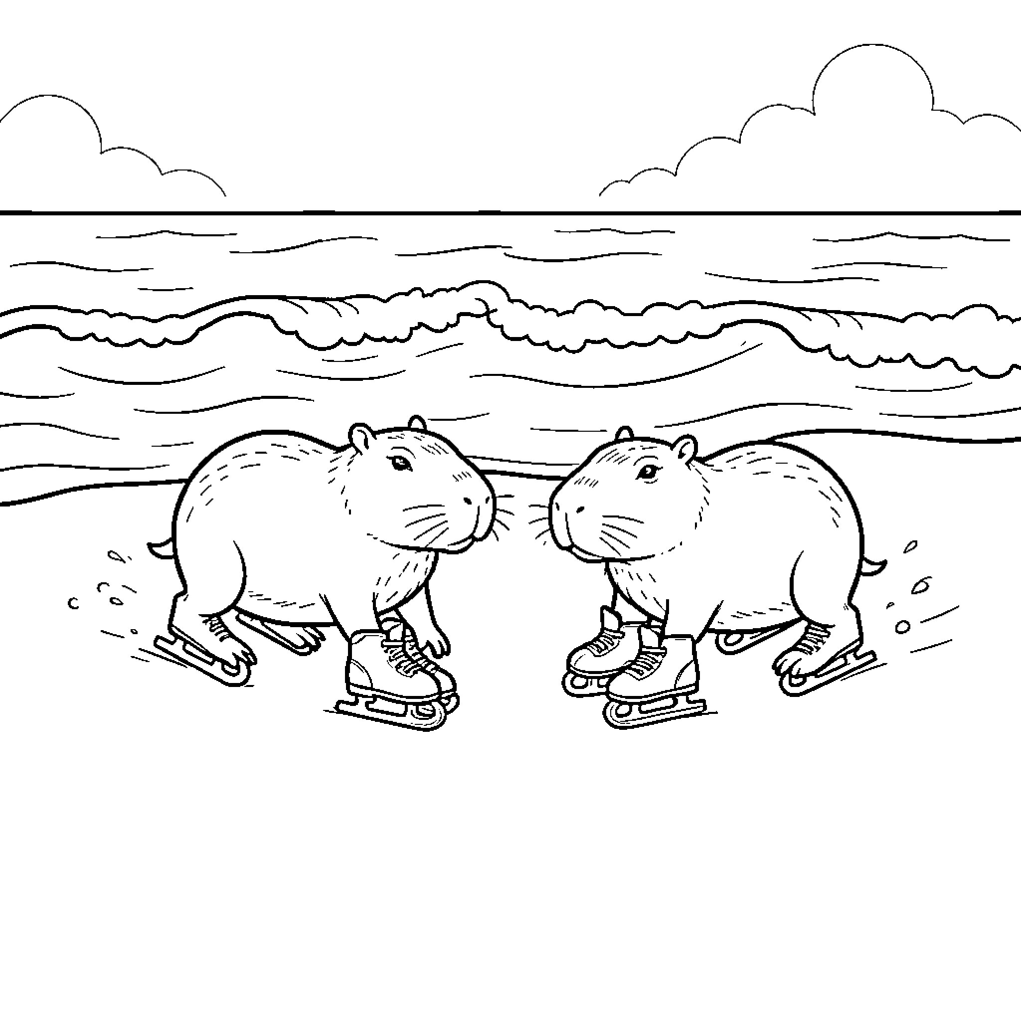 Capybara ice skating together near the ocean waves Coloring Page (free black-and-white line drawing printable PDF for all, from beginners to advanced learners, including children, teens, adults, and seniors)