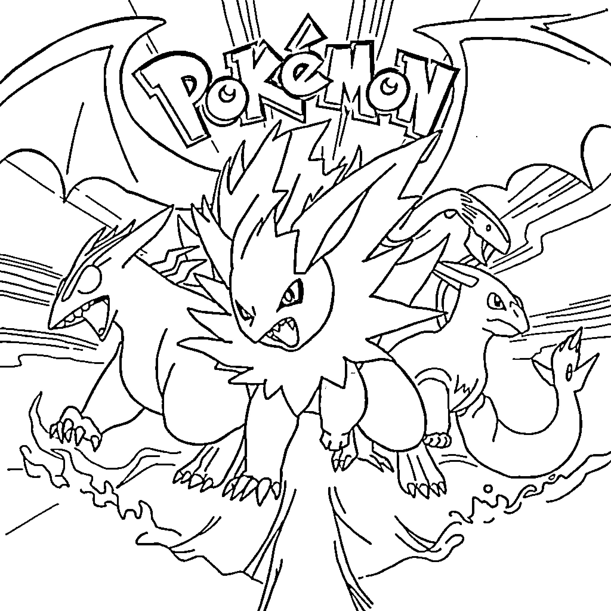 Pokémon characters engaging in dynamic poses Coloring Page (free black-and-white line drawing printable PDF for all, from beginners to advanced learners, including children, teens, adults, and seniors)