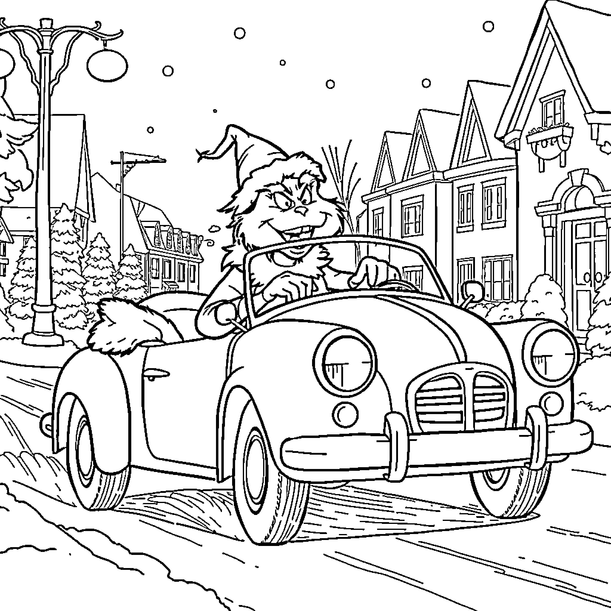 Grinch driving a cheerful vintage car in a snowy town Coloring Page (free black-and-white line drawing printable PDF for all, from beginners to advanced learners, including children, teens, adults, and seniors)