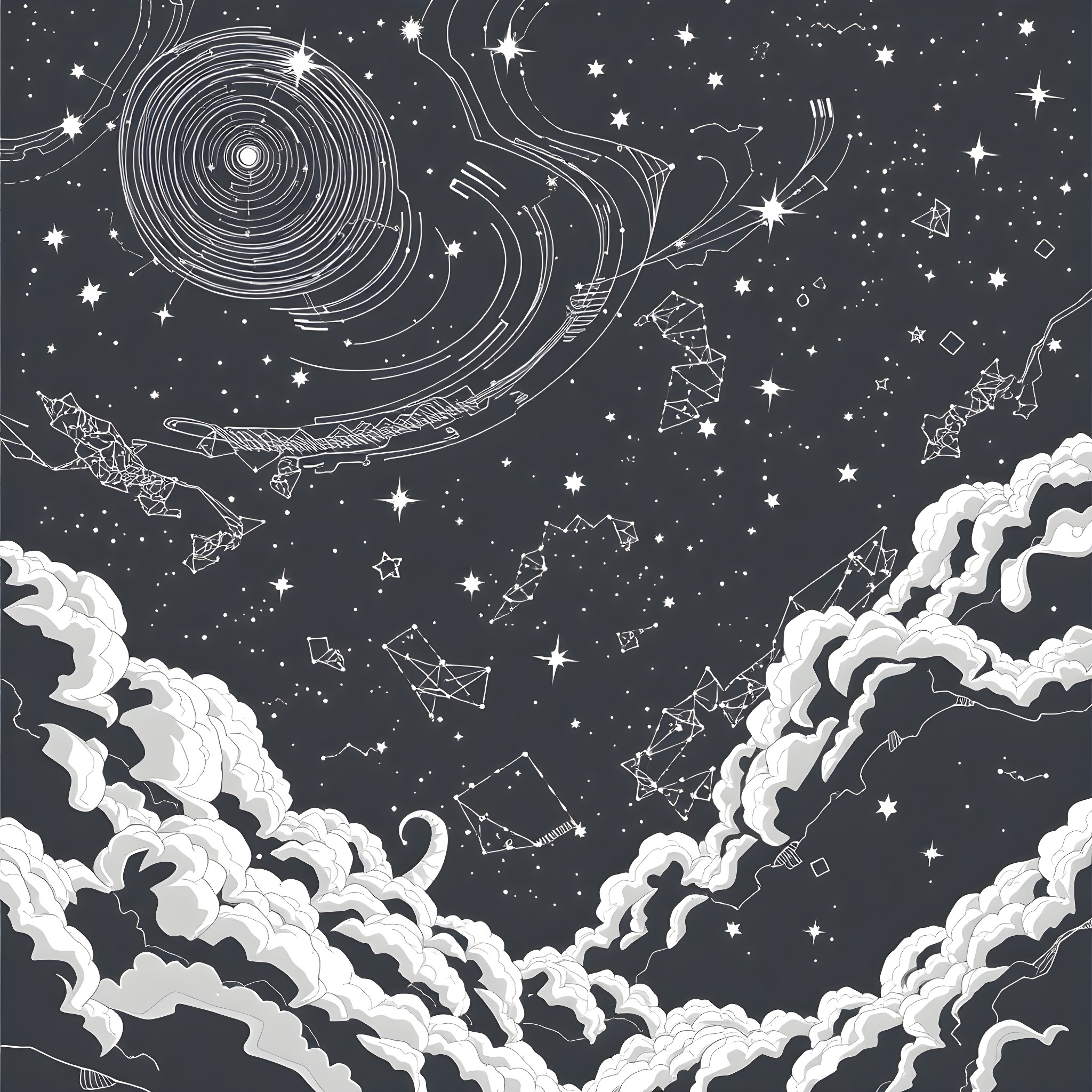 Night Sky with Cosmic Formations and Celestial Patterns Coloring Page (free black-and-white line drawing printable PDF for all, from beginners to advanced learners, including children, teens, adults, and seniors)