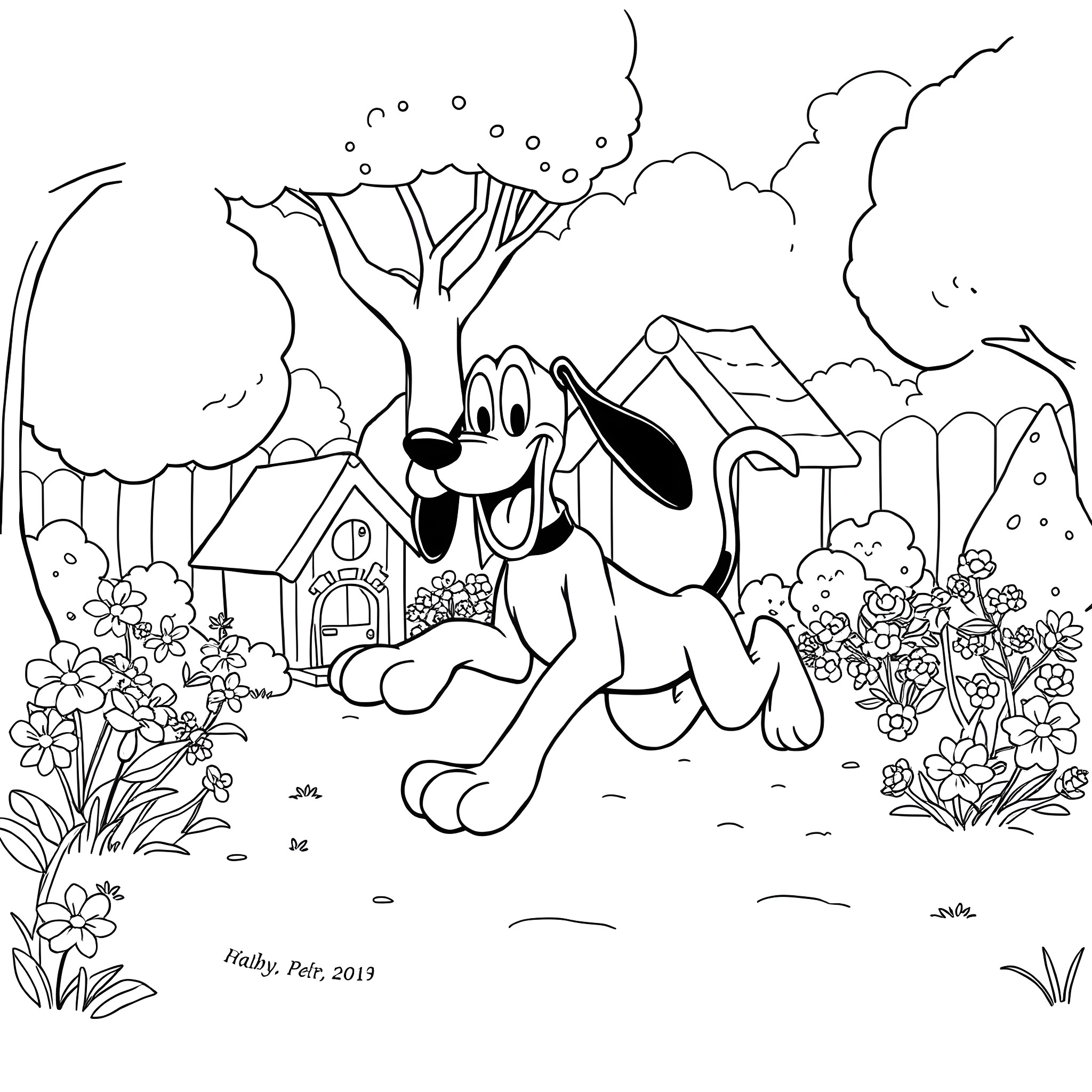 Pluto exploring a whimsical village landscape Coloring Page (free black-and-white line drawing printable PDF for all, from beginners to advanced learners, including children, teens, adults, and seniors)