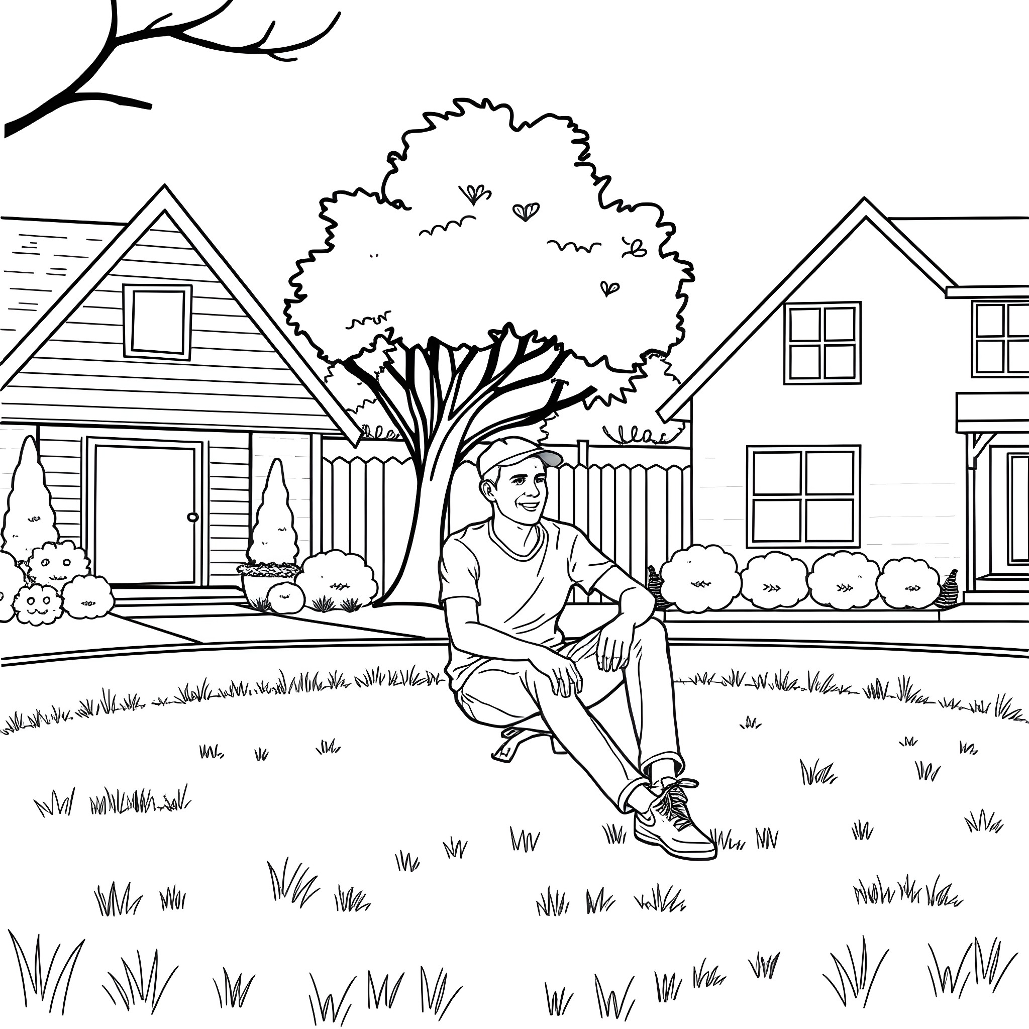 Man sitting on the grass in a neighborhood Coloring Page (free black-and-white line drawing printable PDF for all, from beginners to advanced learners, including children, teens, adults, and seniors)