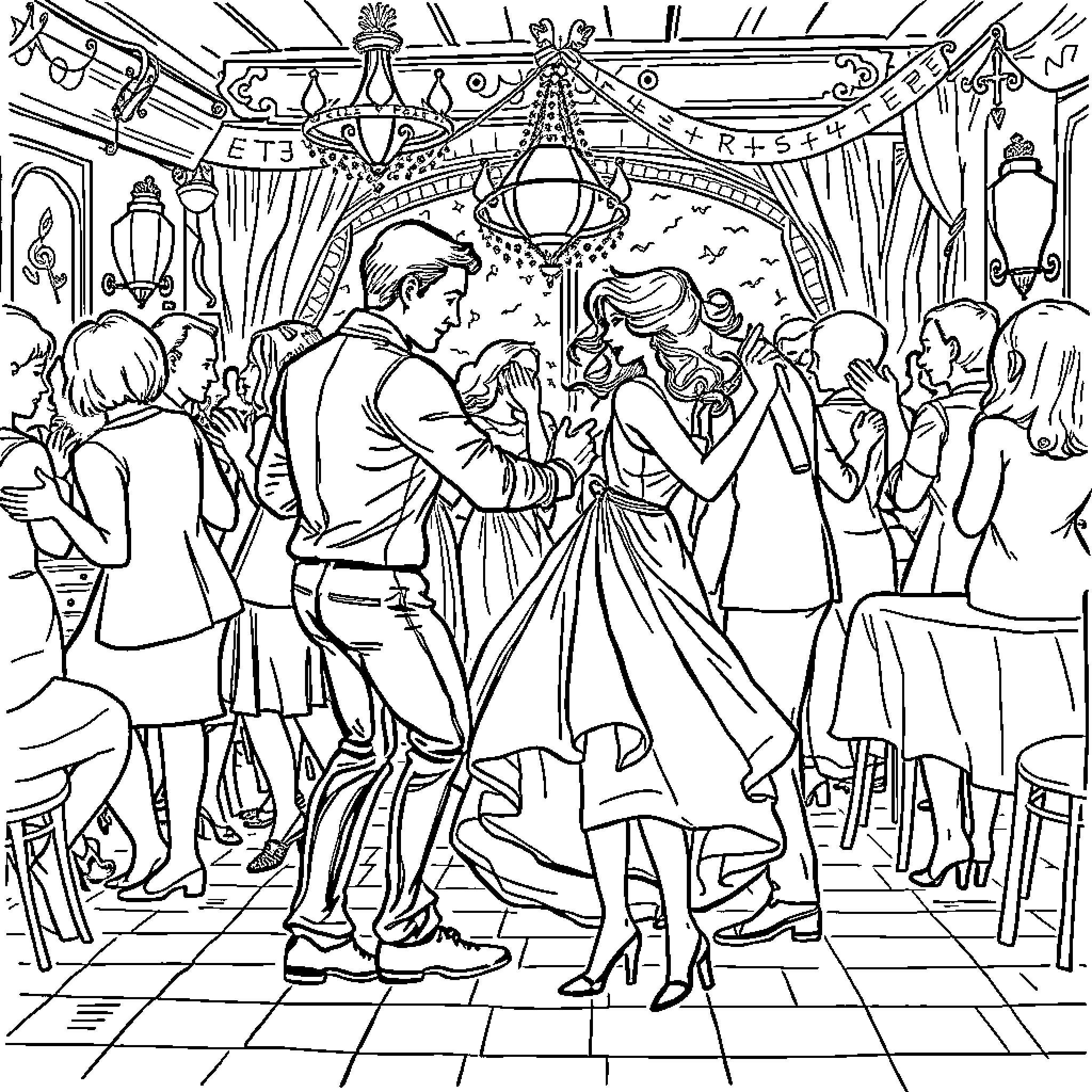 Bal Musette: Couples Dancing at a Vintage Ball Coloring Page (free black-and-white line drawing printable PDF for all, from beginners to advanced learners, including children, teens, adults, and seniors)