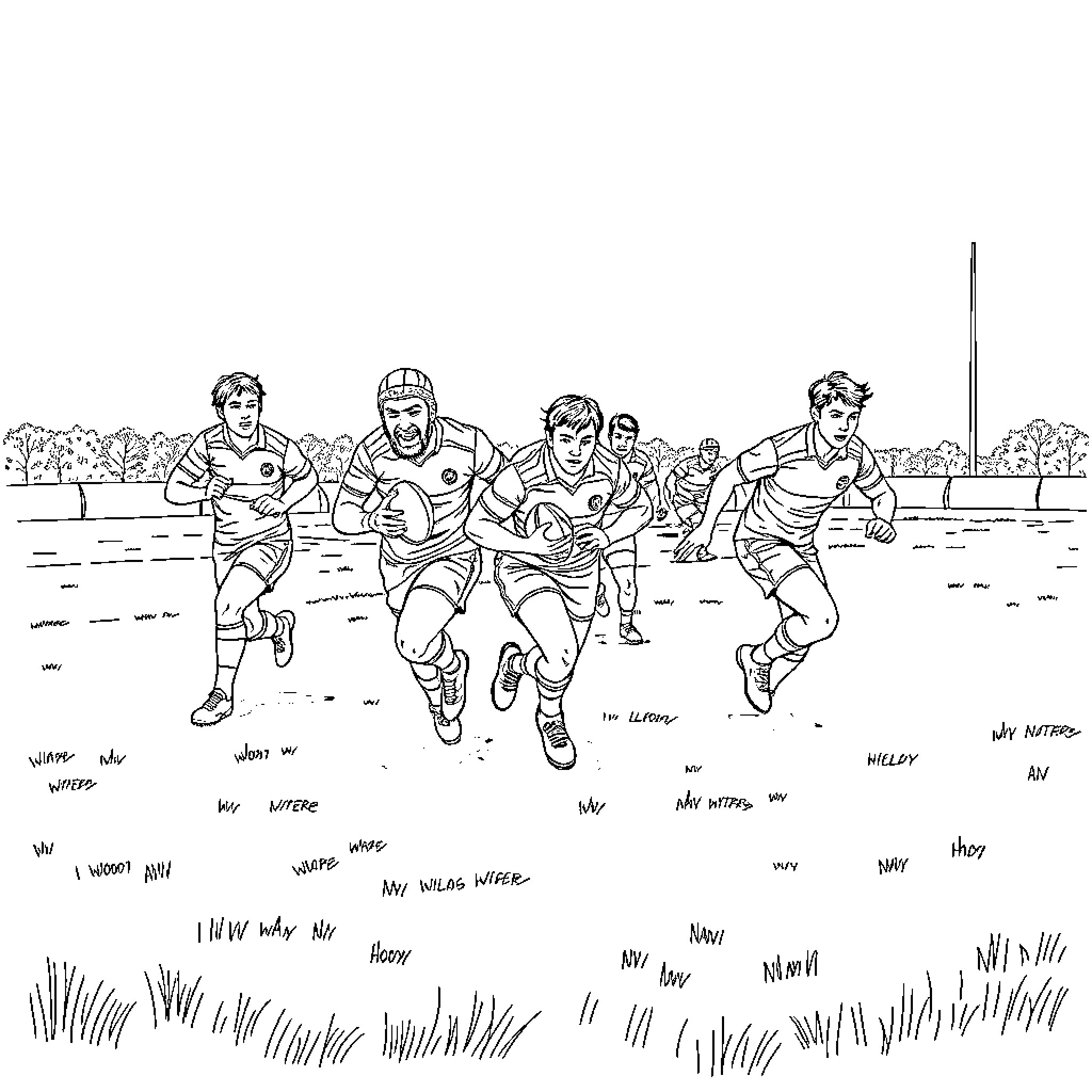 Rugby Players in Intense Competition on the Field Coloring Page (free black-and-white line drawing printable PDF for all, from beginners to advanced learners, including children, teens, adults, and seniors)