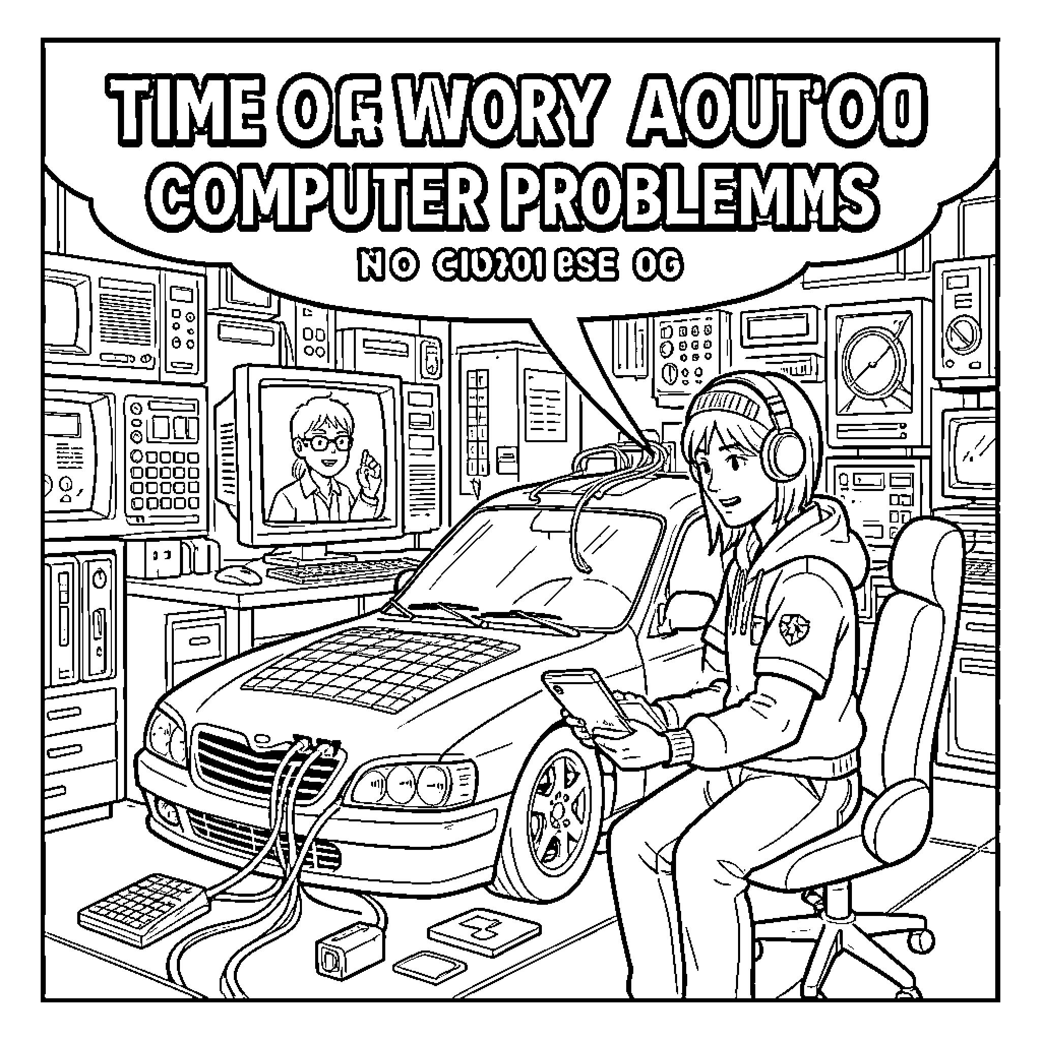Y2K era person troubleshooting car computer technology Coloring Page (free black-and-white line drawing printable PDF for all, from beginners to advanced learners, including children, teens, adults, and seniors)