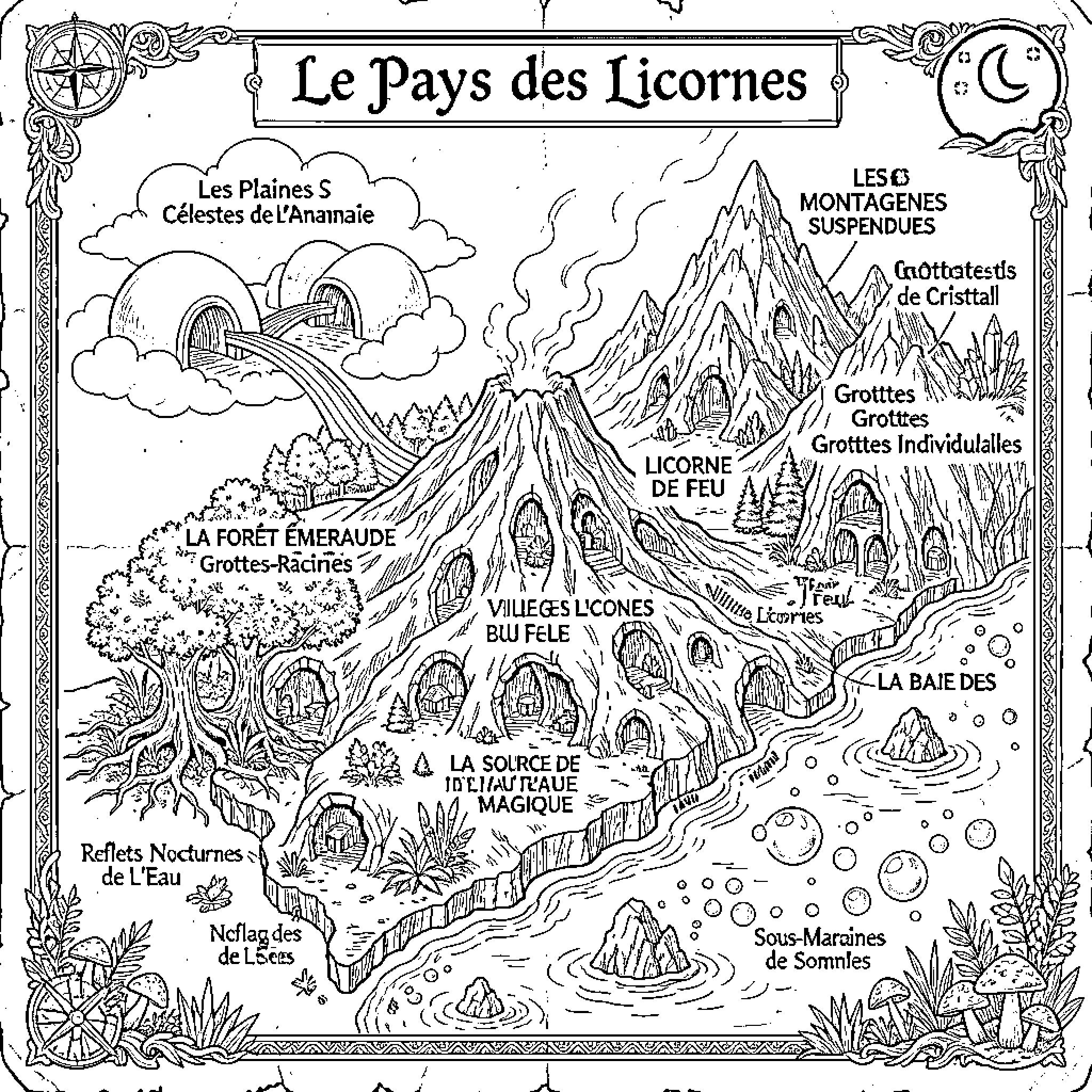 Fantasy Map of a mythical land with mountains and forests Coloring Page (free black-and-white line drawing printable PDF for all, from beginners to advanced learners, including children, teens, adults, and seniors)