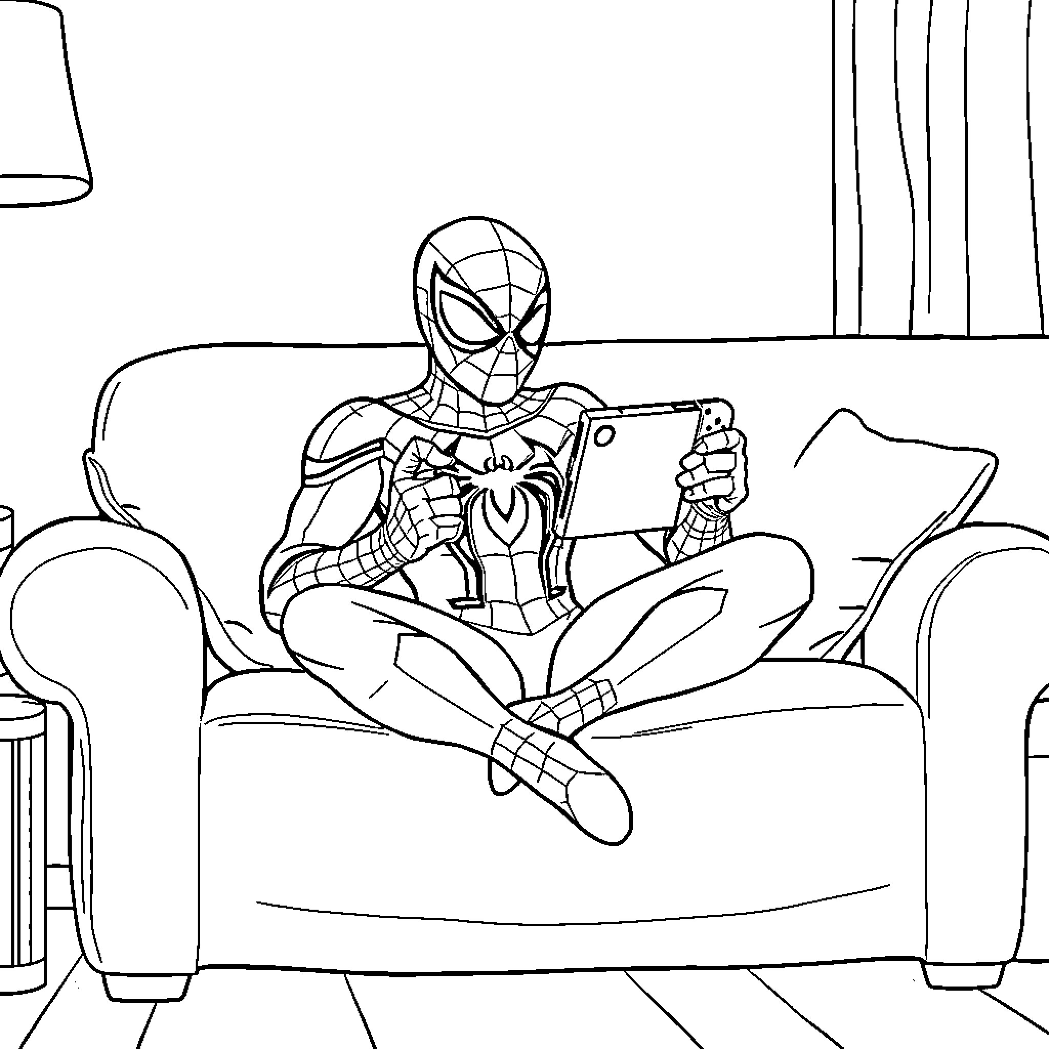 Spiderman relaxing and using a mobile device Coloring Page (free black-and-white line drawing printable PDF for all, from beginners to advanced learners, including children, teens, adults, and seniors)