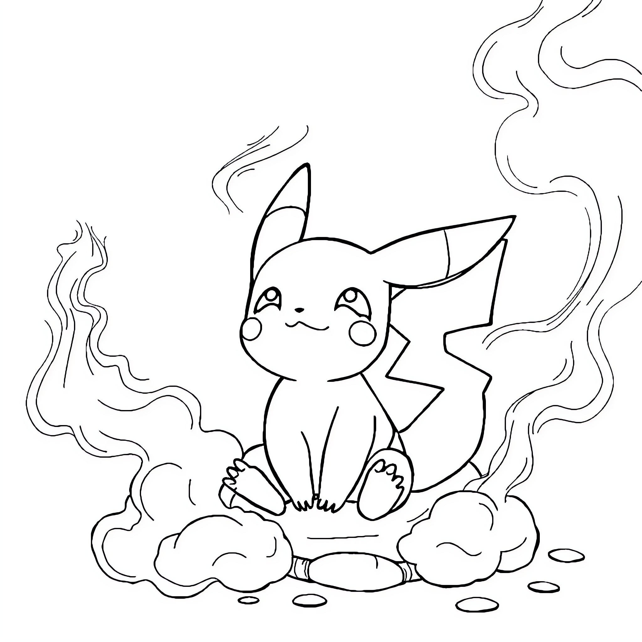 Pokémon Pikachu Sitting Amidst Clouds Coloring Page (free black-and-white line drawing printable PDF for all, from beginners to advanced learners, including children, teens, adults, and seniors)