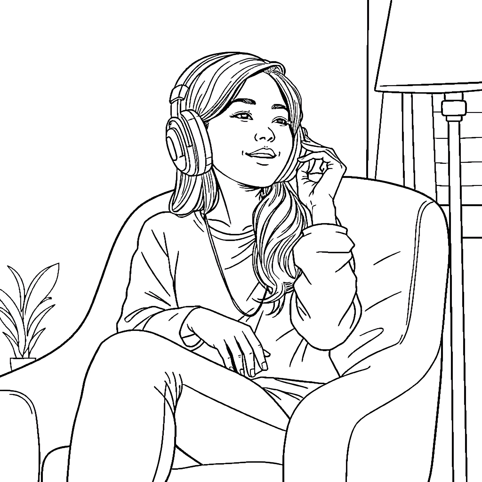 Woman listening to music in a cozy setting Coloring Page (free black-and-white line drawing printable PDF for all, from beginners to advanced learners, including children, teens, adults, and seniors)