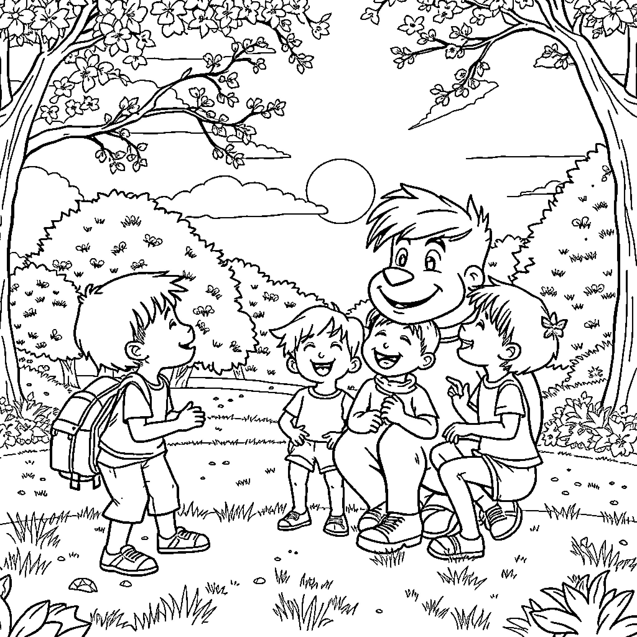 Huntrix Enjoying Nature with Friends Coloring Page (free black-and-white line drawing printable PDF for all, from beginners to advanced learners, including children, teens, adults, and seniors)