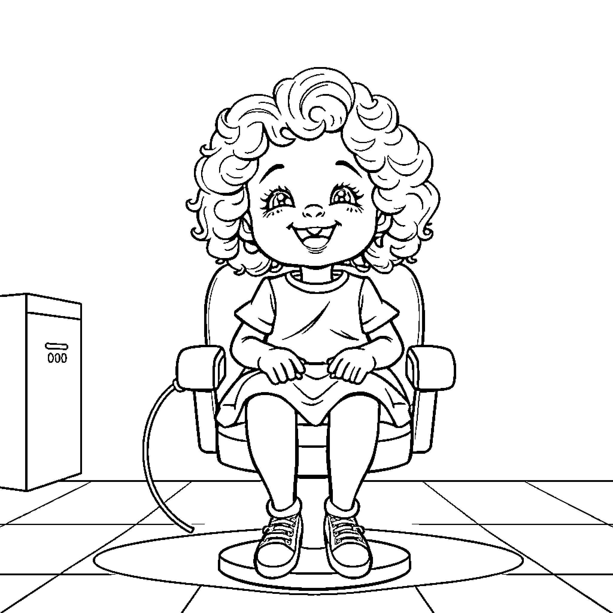 Girl sitting happily in a chair Coloring Page (free black-and-white line drawing printable PDF for all, from beginners to advanced learners, including children, teens, adults, and seniors)