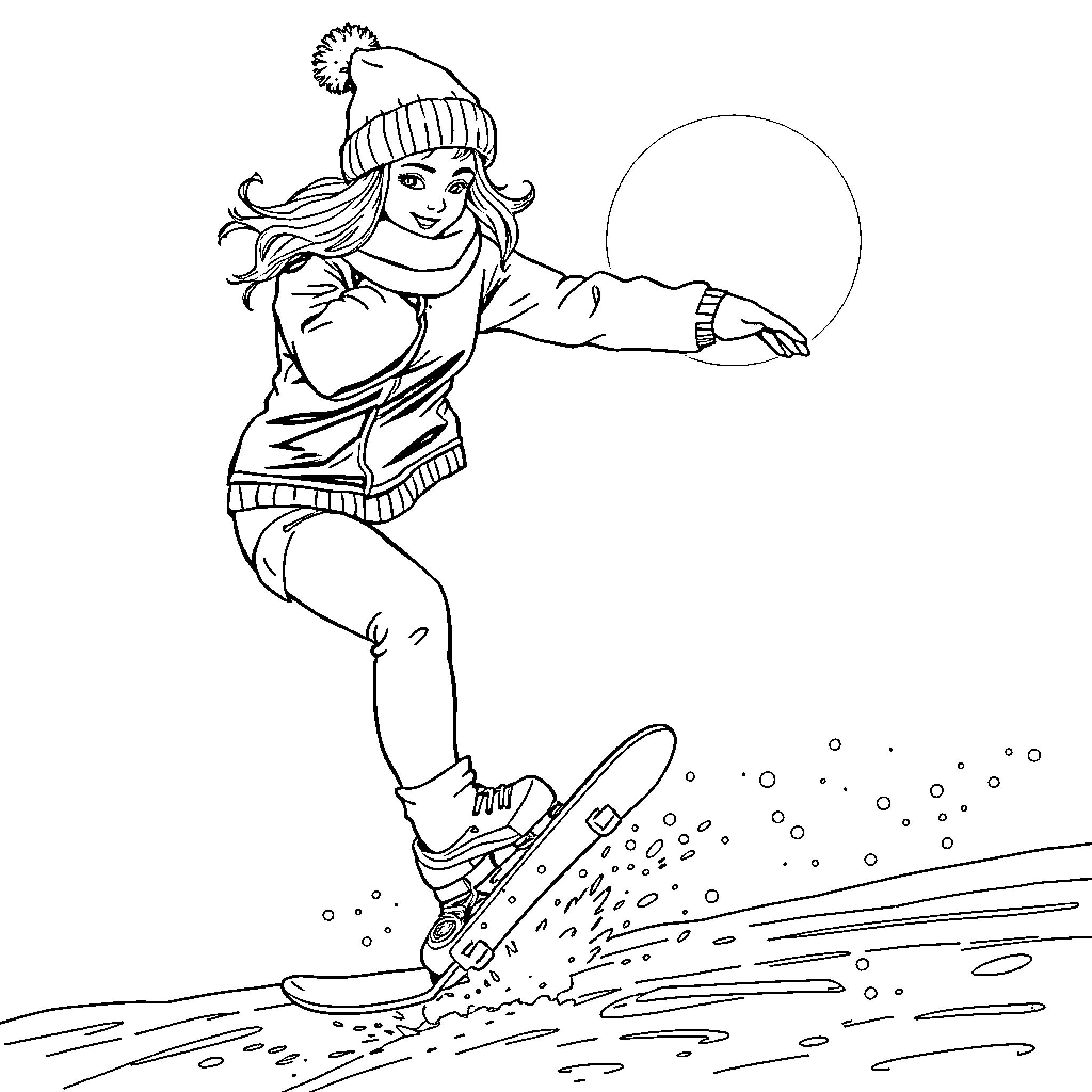 Danseuse skating gracefully on the ice Coloring Page (free black-and-white line drawing printable PDF for all, from beginners to advanced learners, including children, teens, adults, and seniors)