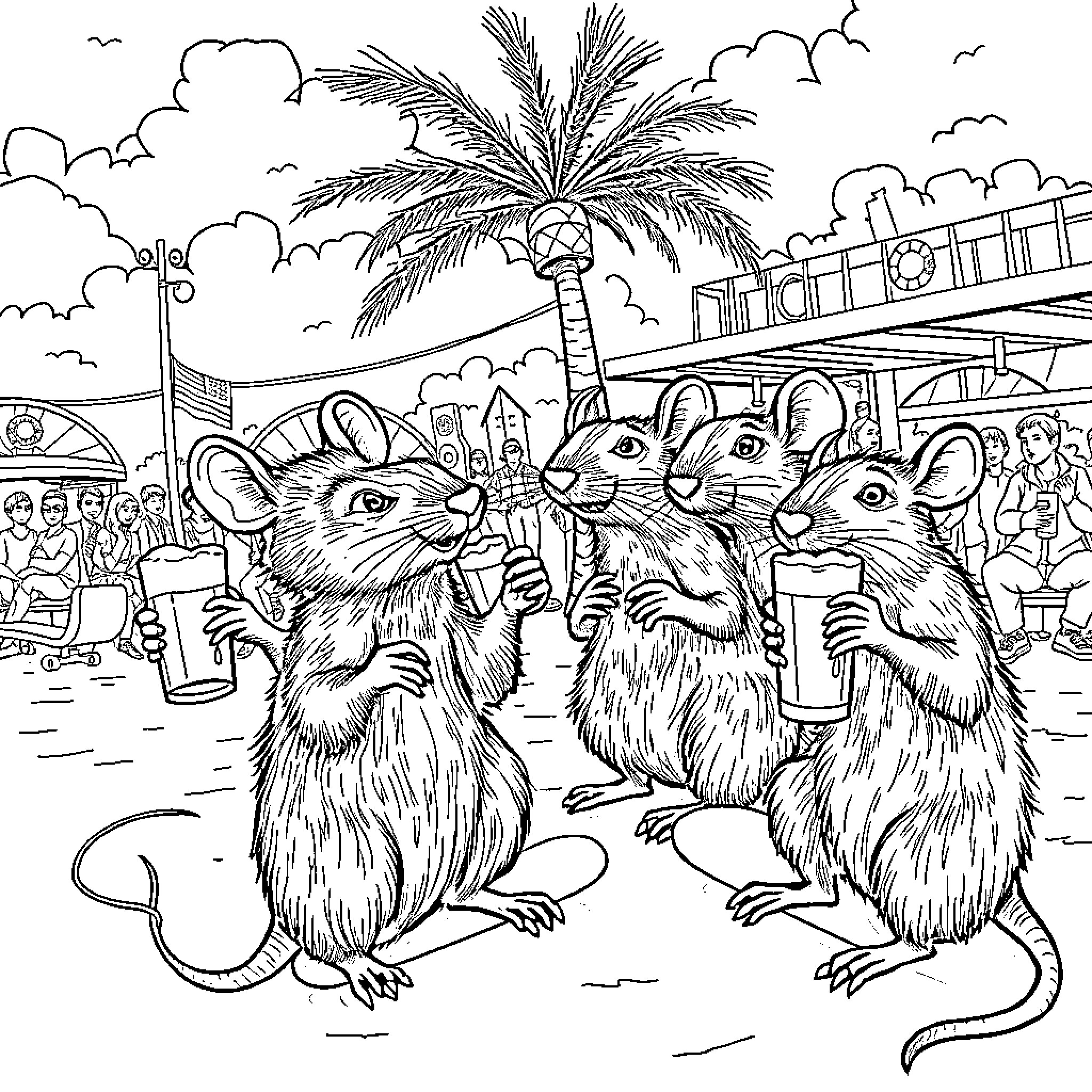 Rat party at the beach with palm trees Coloring Page (free black-and-white line drawing printable PDF for all, from beginners to advanced learners, including children, teens, adults, and seniors)