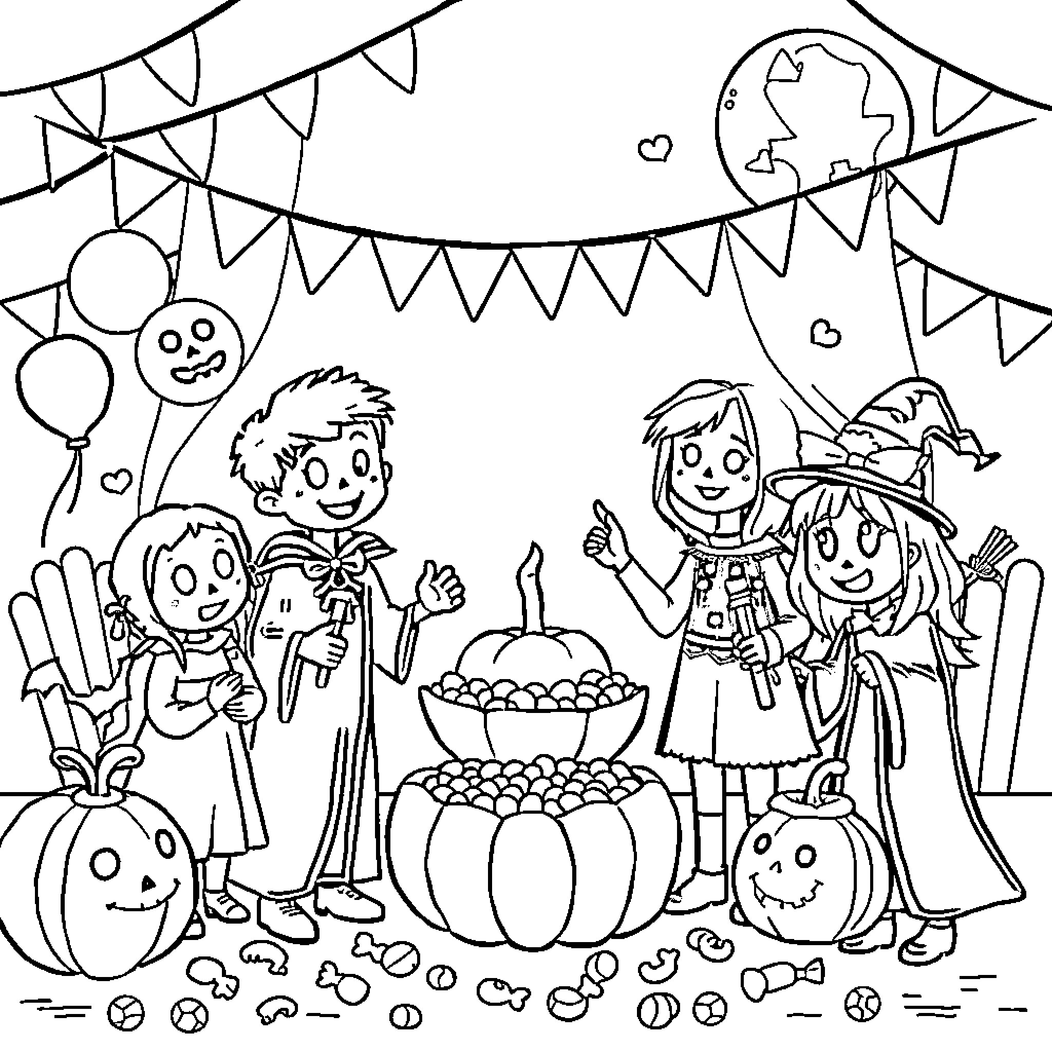 Halloween party with children in costumes Coloring Page (free black-and-white line drawing printable PDF for all, from beginners to advanced learners, including children, teens, adults, and seniors)