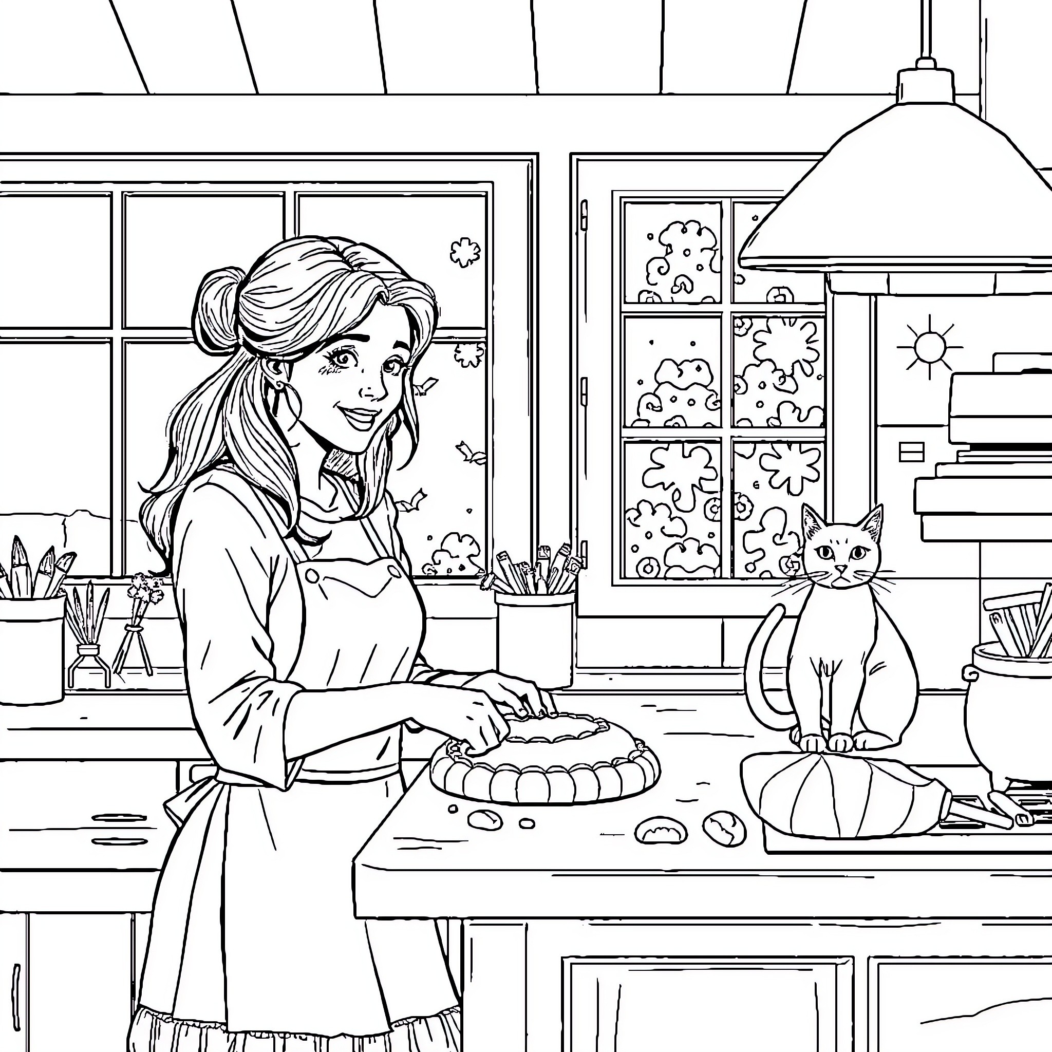 Woman baking a cake with her cat in the kitchen Coloring Page (free black-and-white line drawing printable PDF for all, from beginners to advanced learners, including children, teens, adults, and seniors)