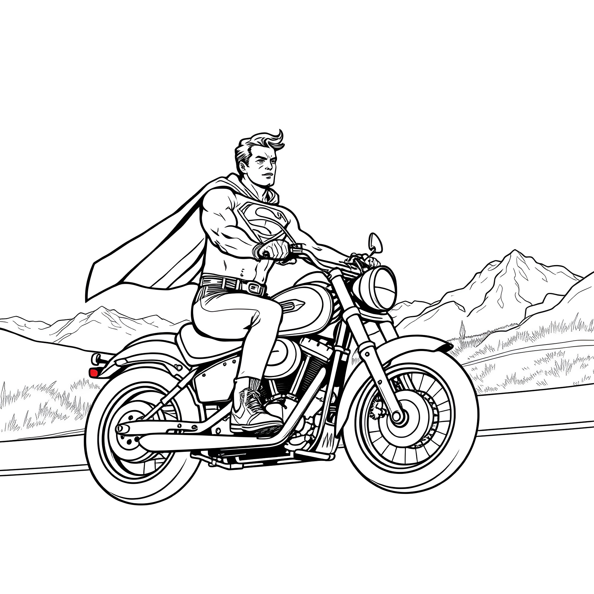 Superman riding a motorcycle through the countryside Coloring Page (free black-and-white line drawing printable PDF for all, from beginners to advanced learners, including children, teens, adults, and seniors)
