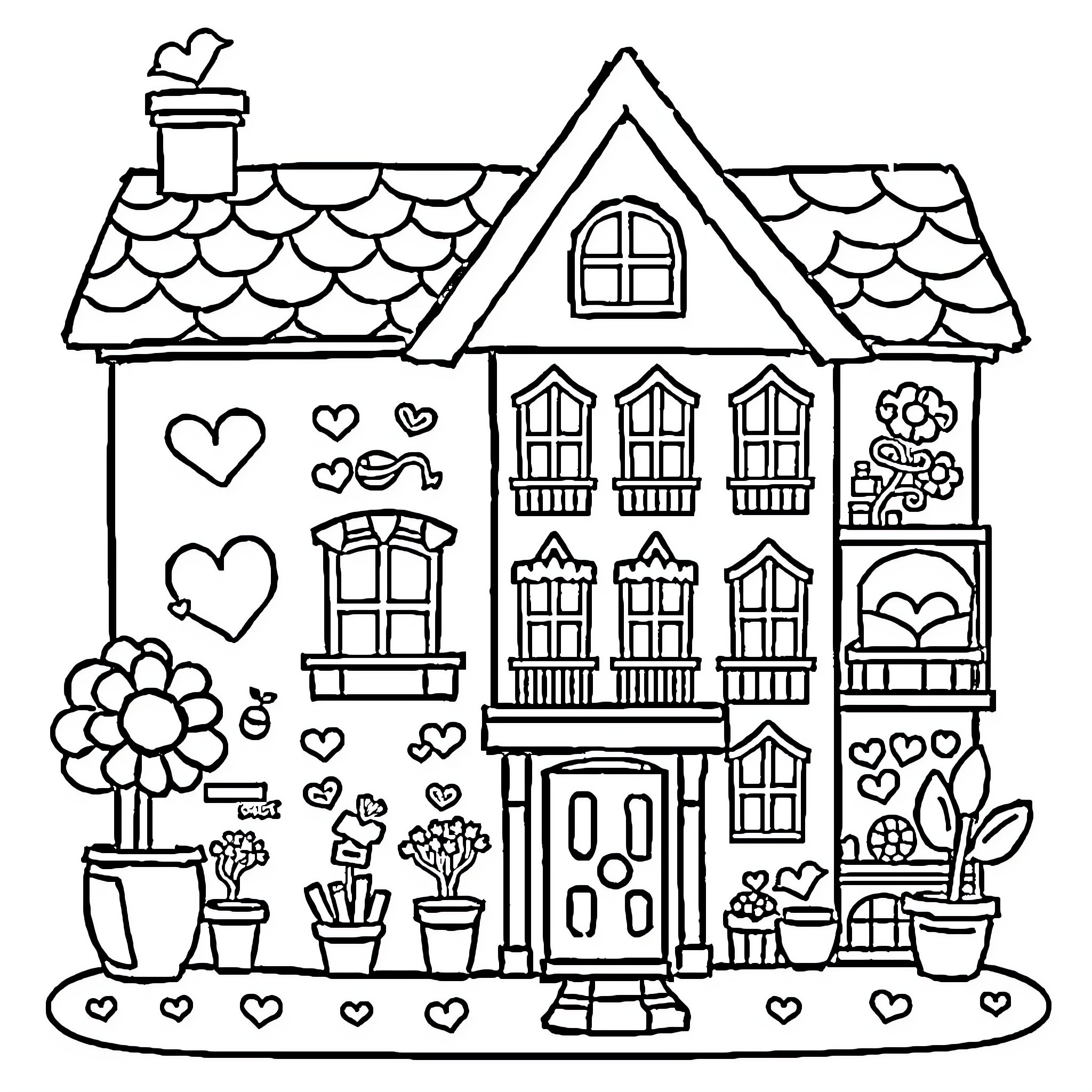 Dollhouse with Playful Decorations and Furnishings Coloring Page (free black-and-white line drawing printable PDF for all, from beginners to advanced learners, including children, teens, adults, and seniors)