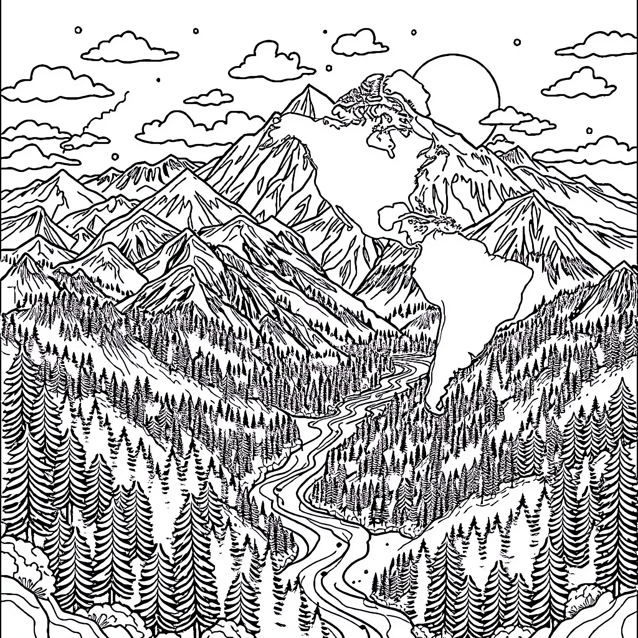 America's Majestic Mountain Landscapes Coloring Page (free black-and-white line drawing printable PDF for all, from beginners to advanced learners, including children, teens, adults, and seniors)