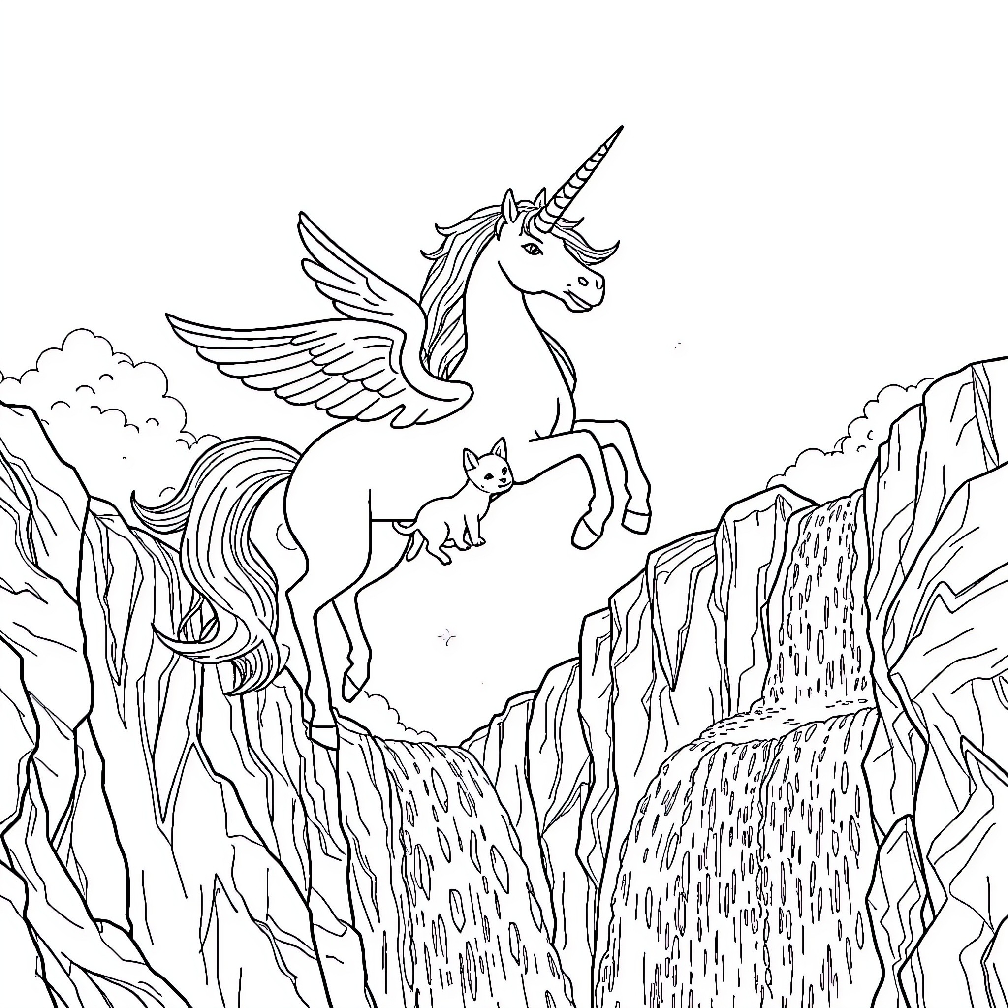 Unicorn soaring above majestic mountain landscape Coloring Page (free black-and-white line drawing printable PDF for all, from beginners to advanced learners, including children, teens, adults, and seniors)