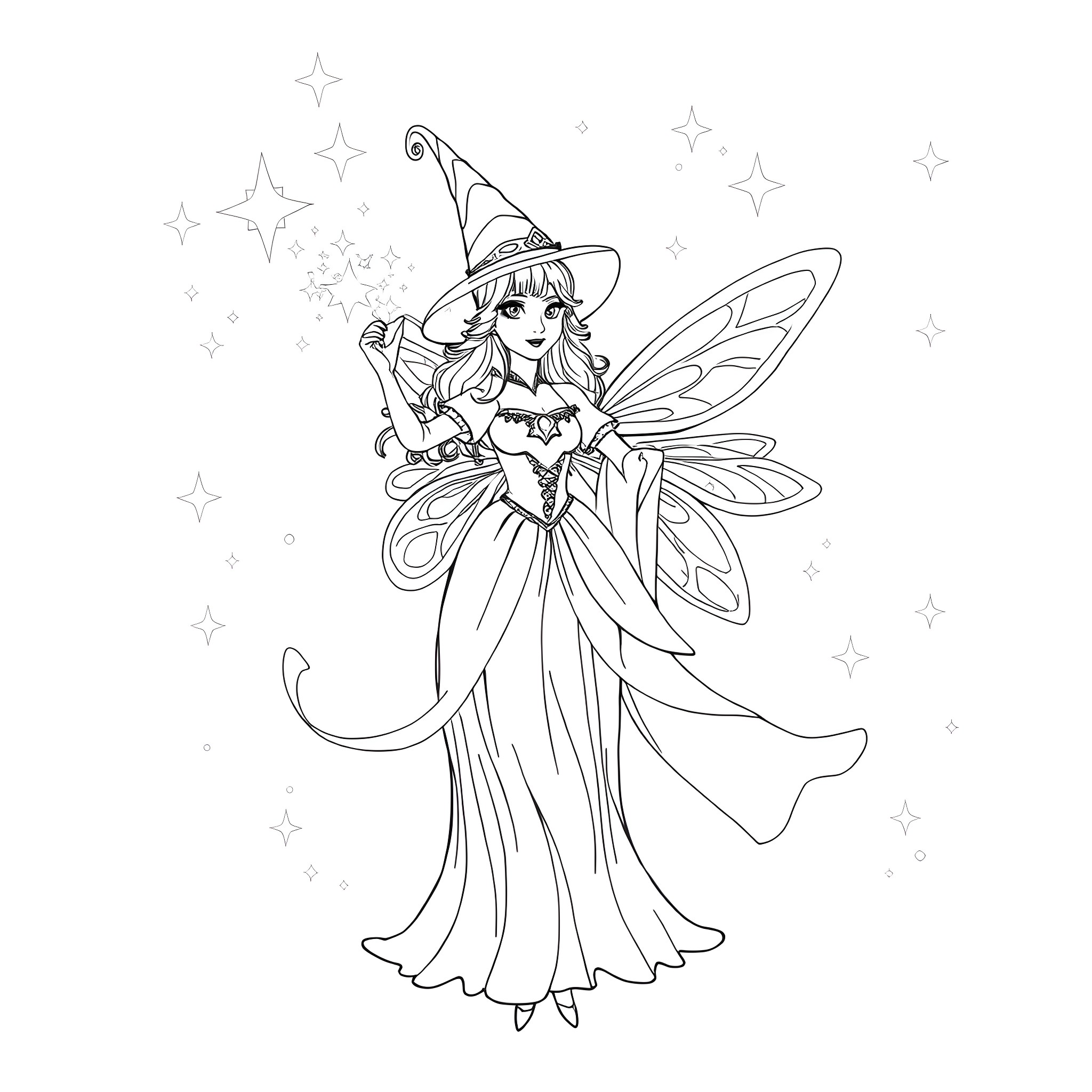 Fairy Godmother casting a magical spell Coloring Page (free black-and-white line drawing printable PDF for all, from beginners to advanced learners, including children, teens, adults, and seniors)