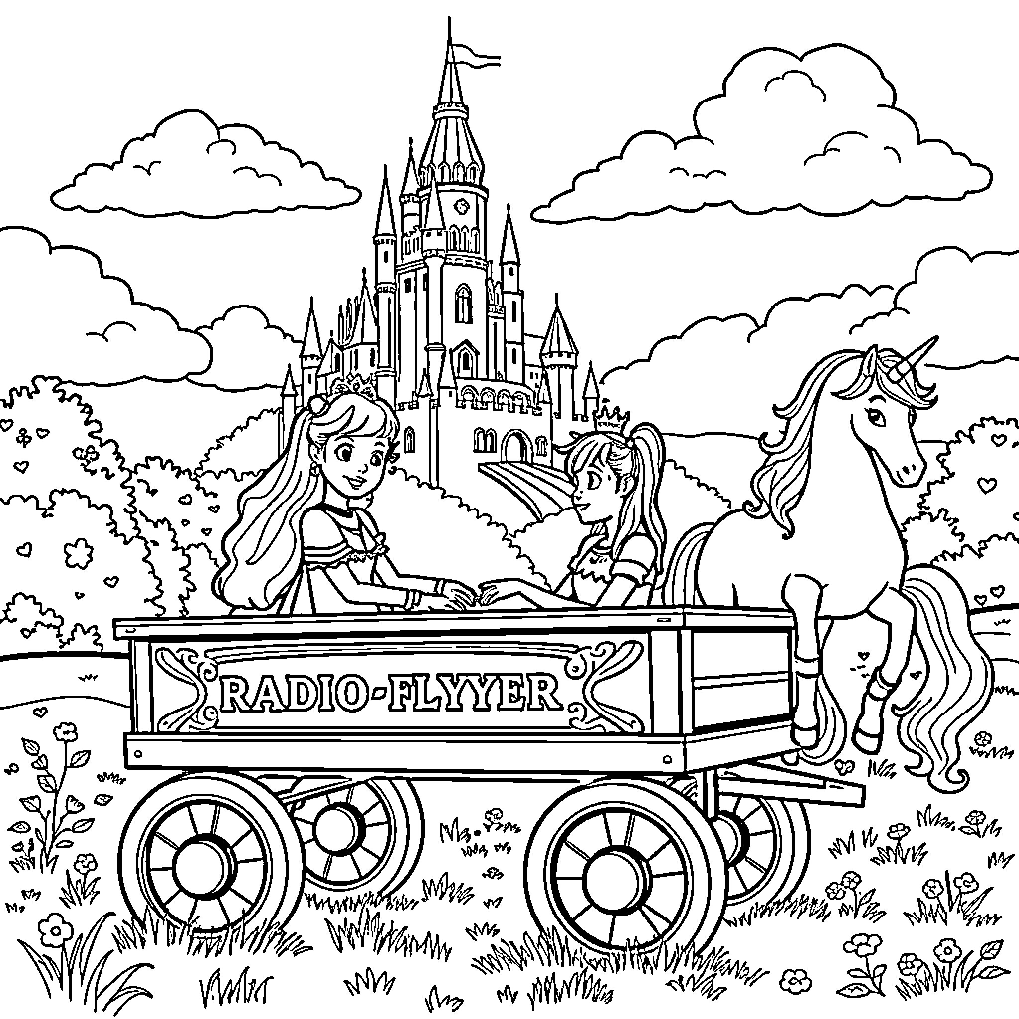 Wagon ride through fantasy kingdom with unicorn Coloring Page (free black-and-white line drawing printable PDF for all, from beginners to advanced learners, including children, teens, adults, and seniors)